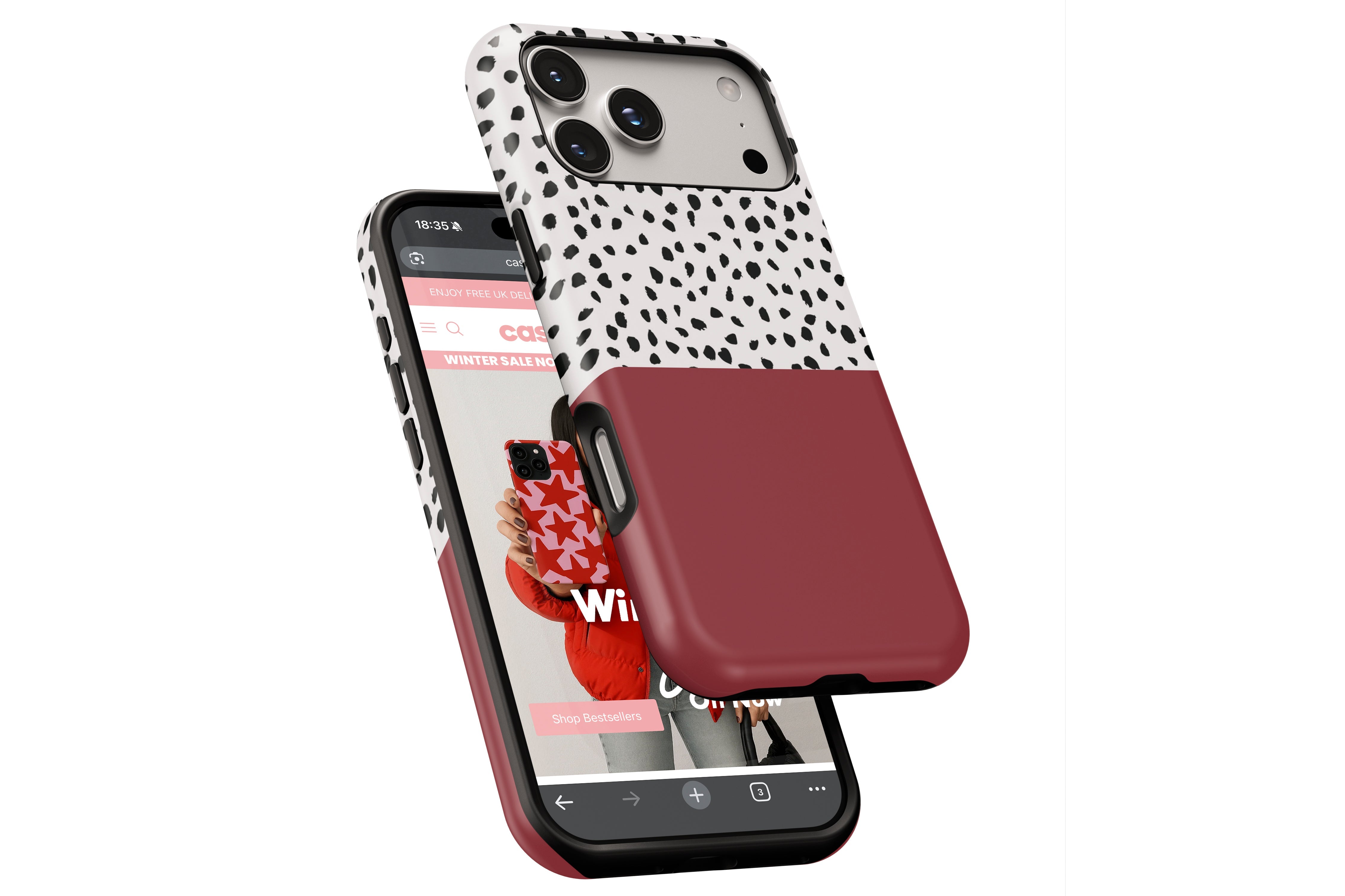 Side view of Geometric Dots Burgundy magnetic tough case showing button cut-outs