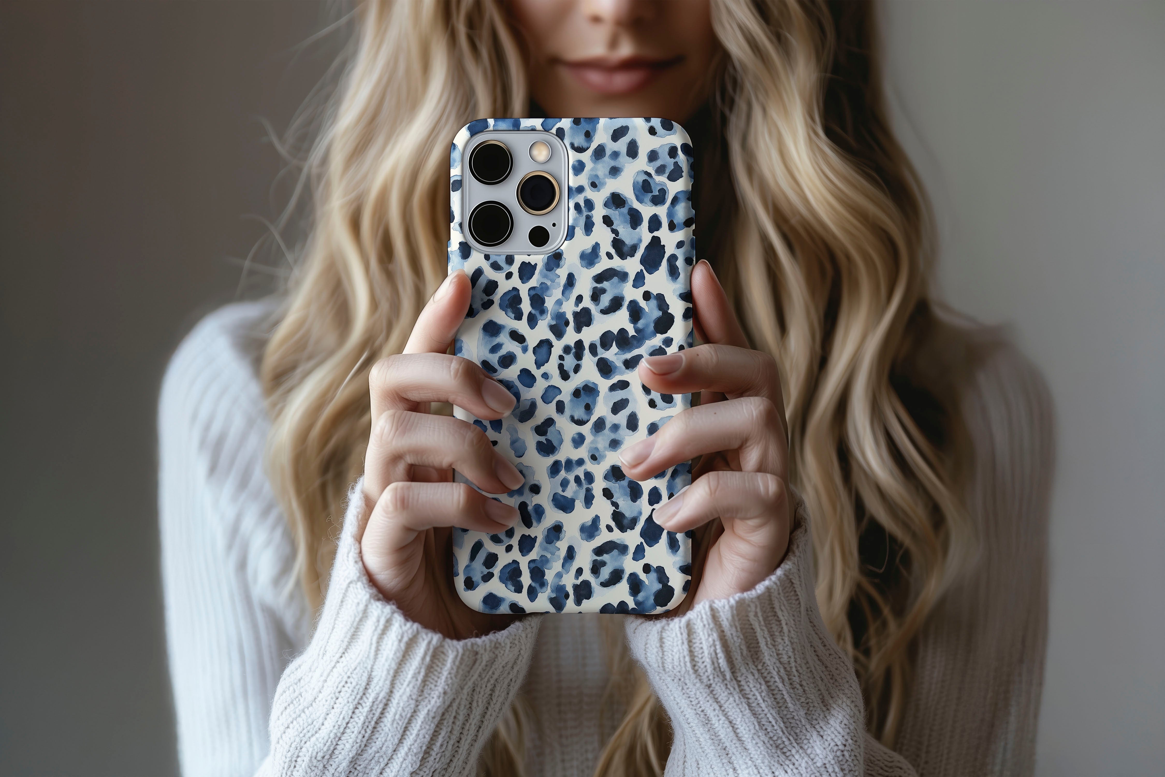 Lifestyle image of Blue Leopard phone case showing animal print design