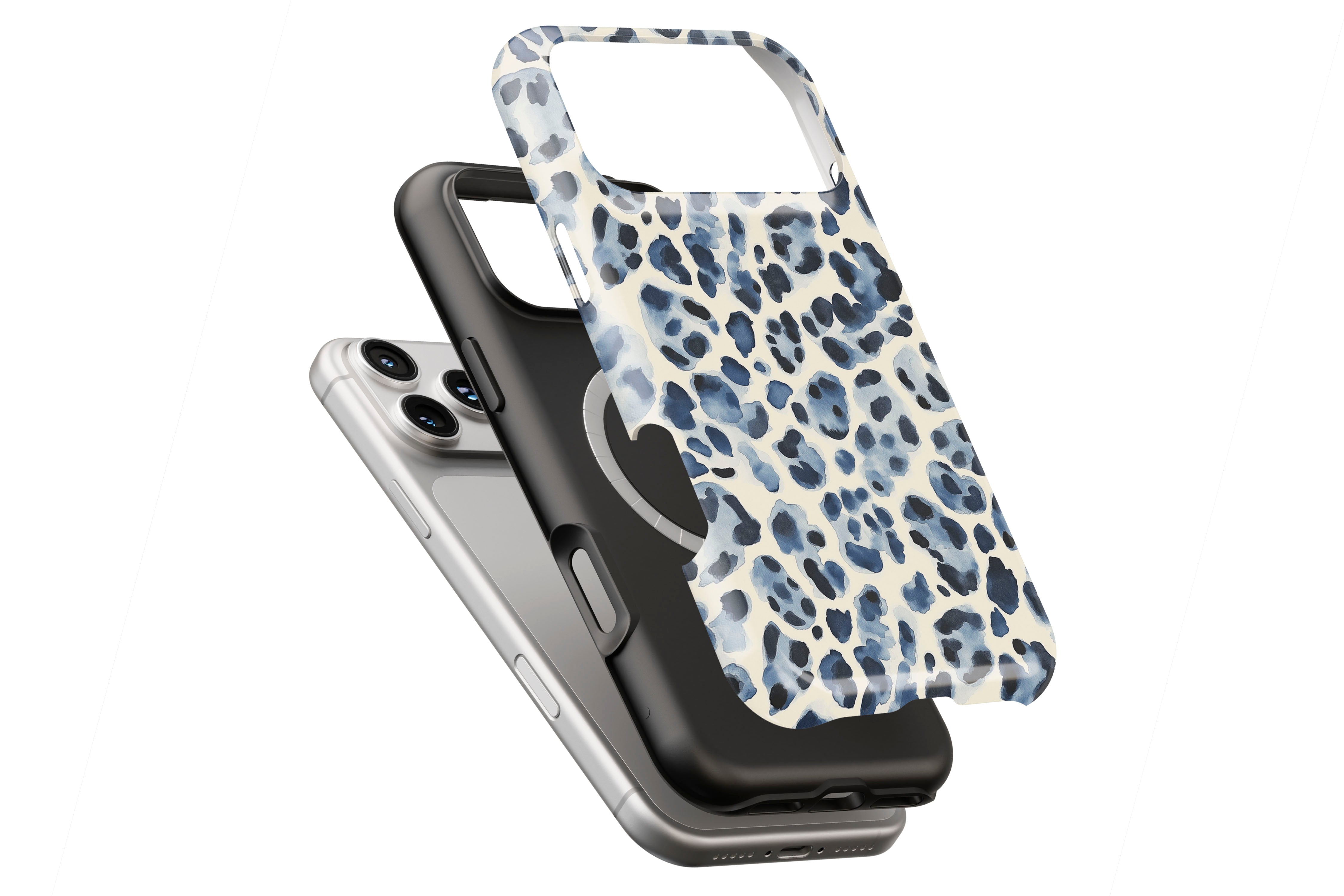 Blue Leopard magnetic case showing built-in magnetic ring compatible with MagSafe charging