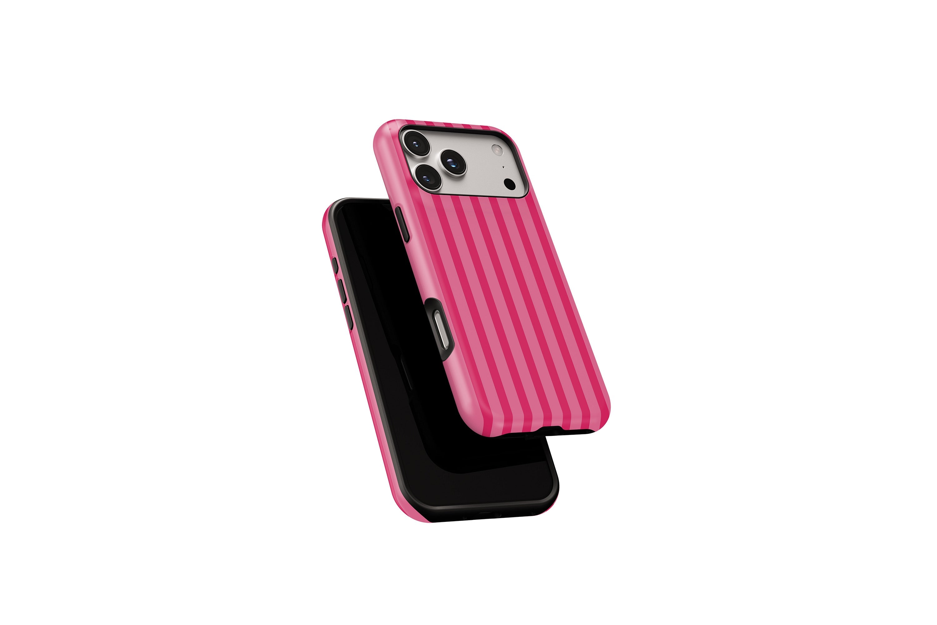 Side view of Candy Stripe pink phone case showing button cut-outs