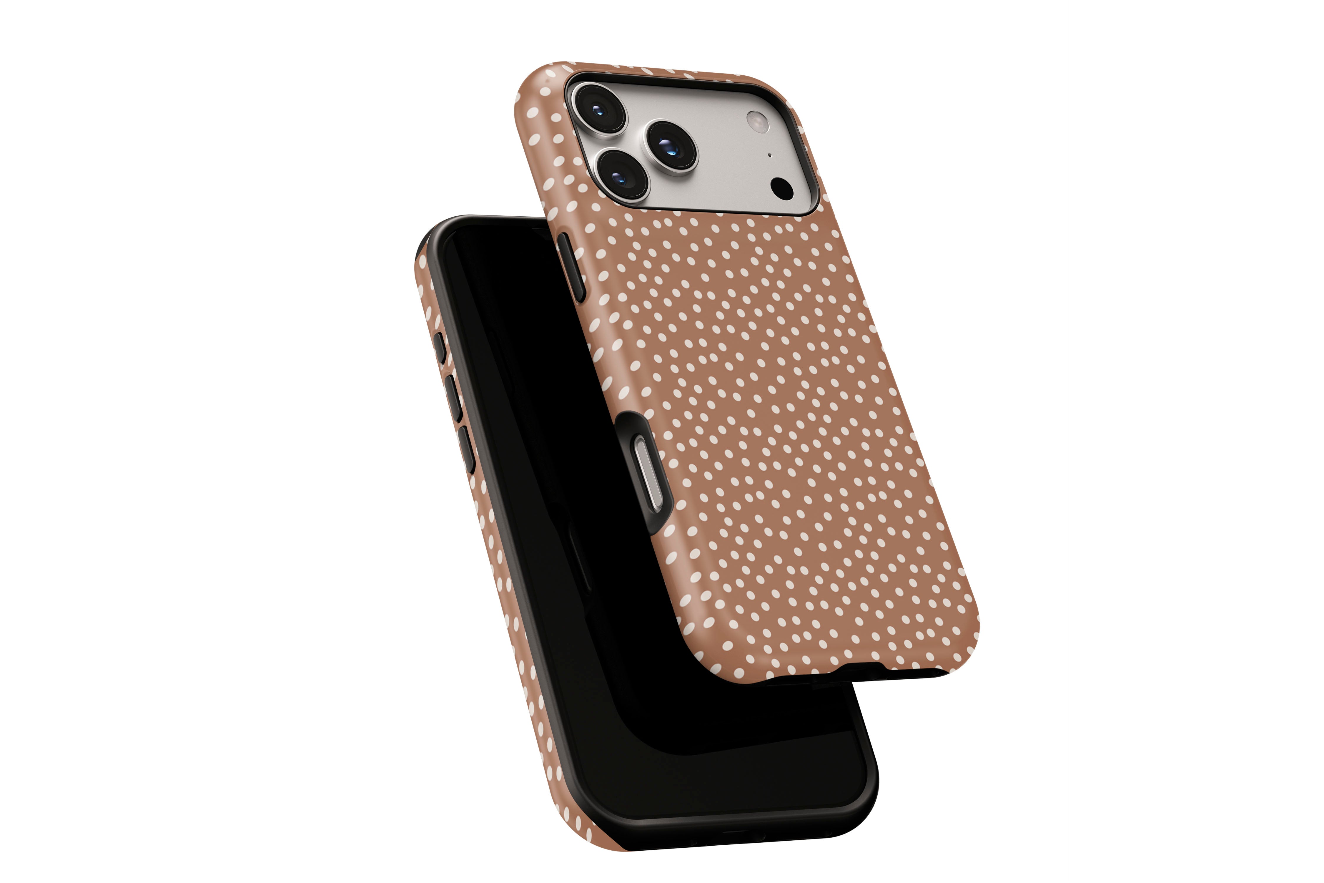 Side view of Caramel Dots phone case showing button cut-outs