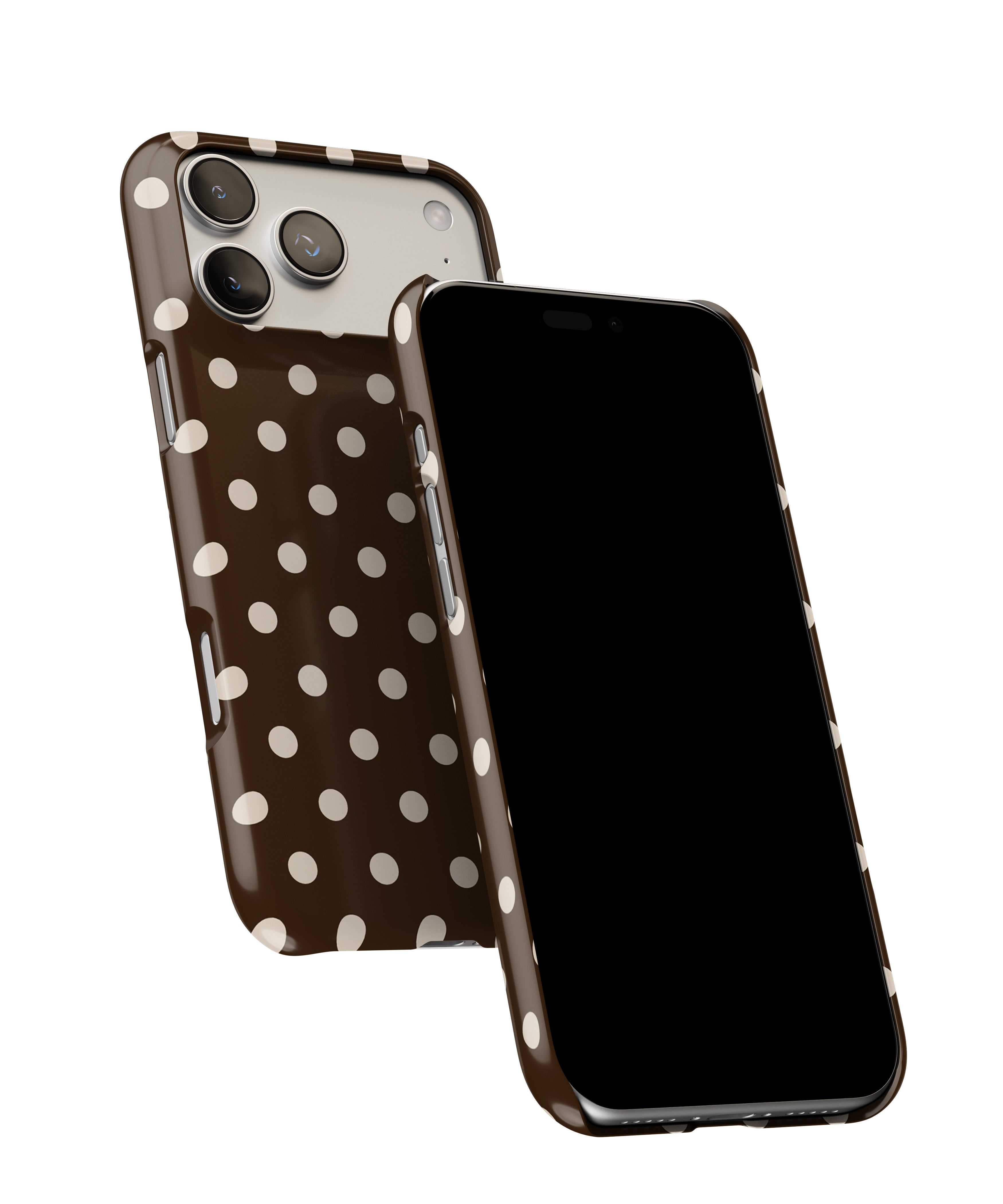 Side view of Chocolate Spot phone case showing button cut-outs