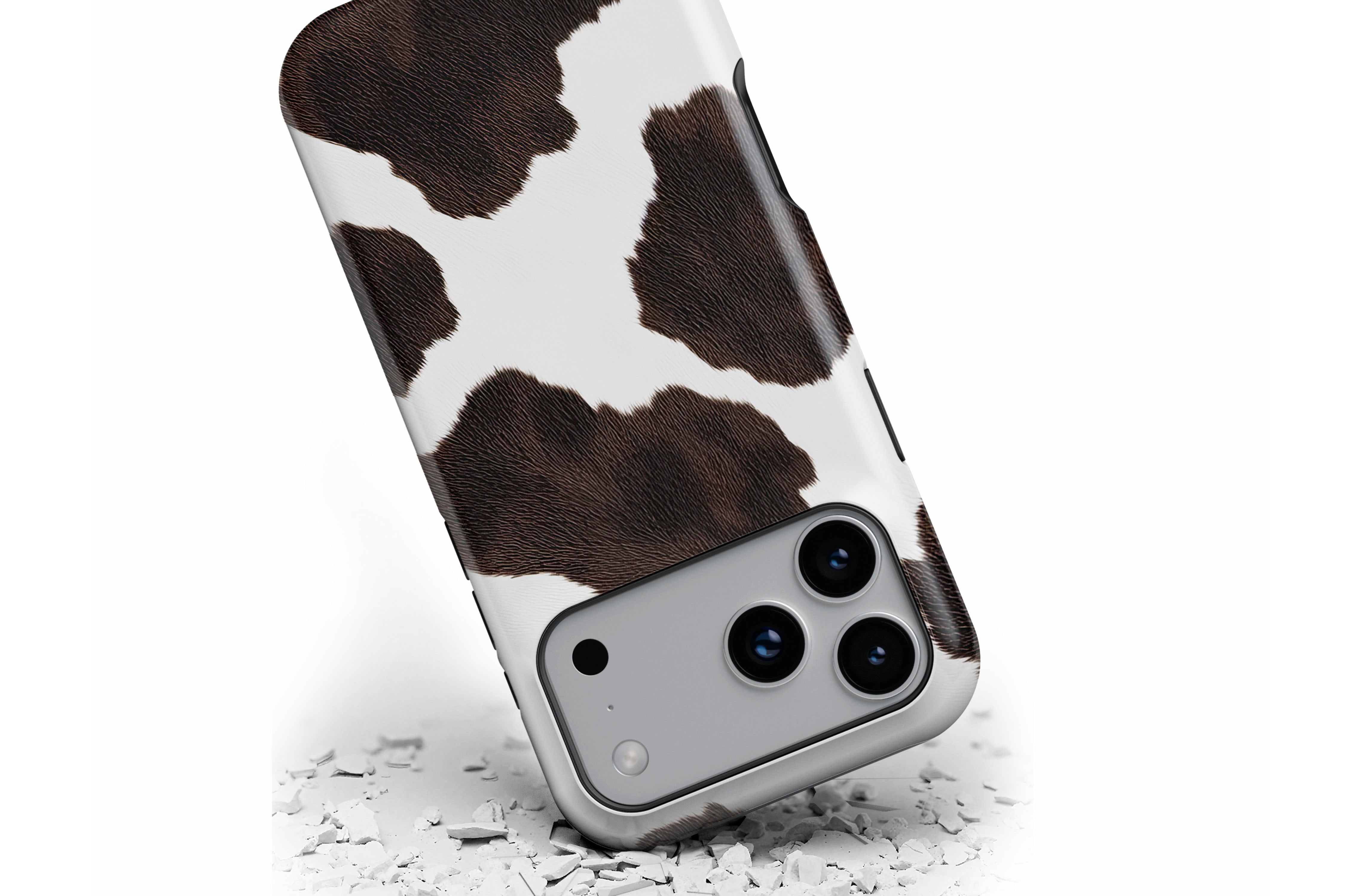 Front view of Cowhide magnetic tough case showing cow print design