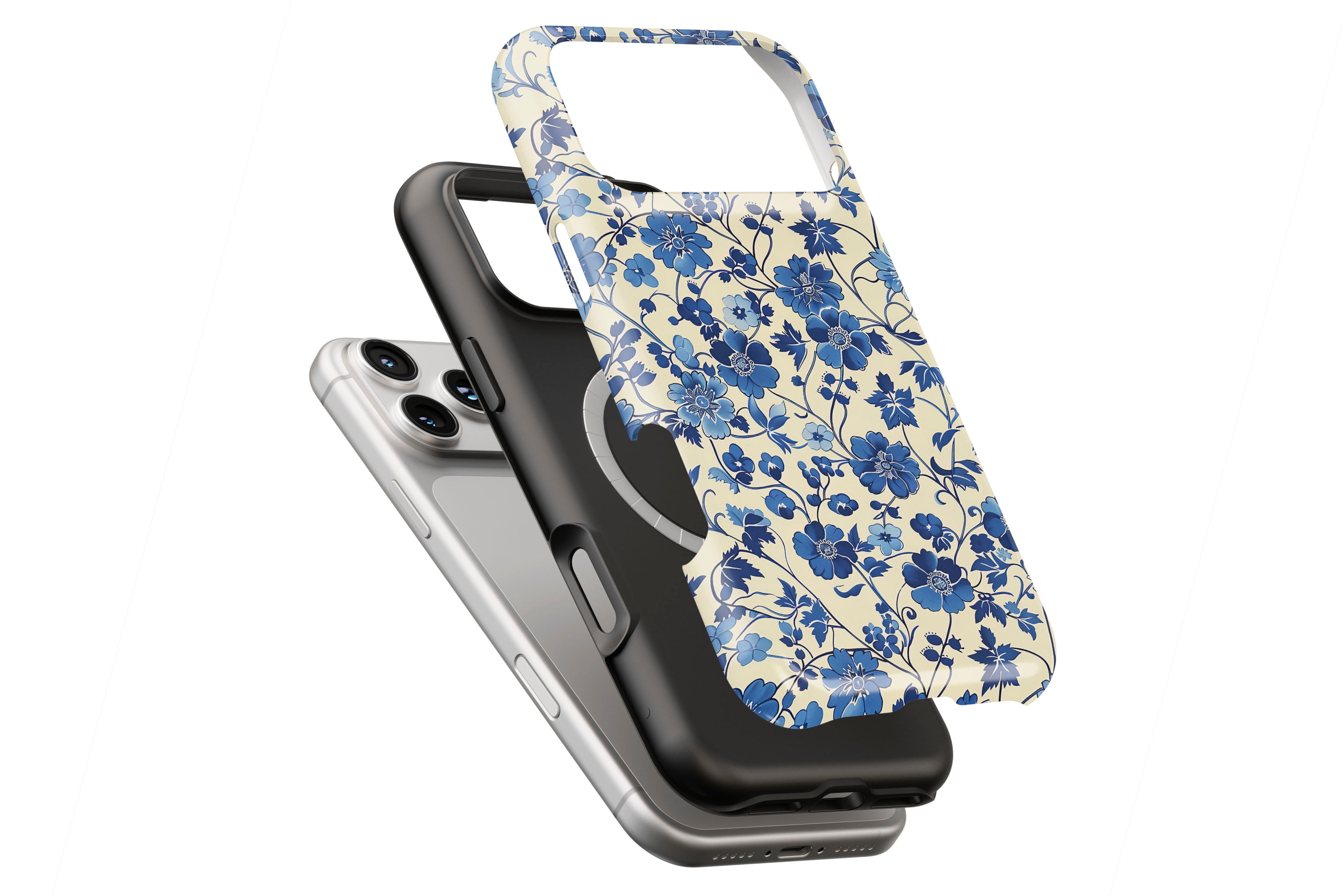 Floral Blues magnetic case showing built-in magnetic ring compatible with MagSafe charging