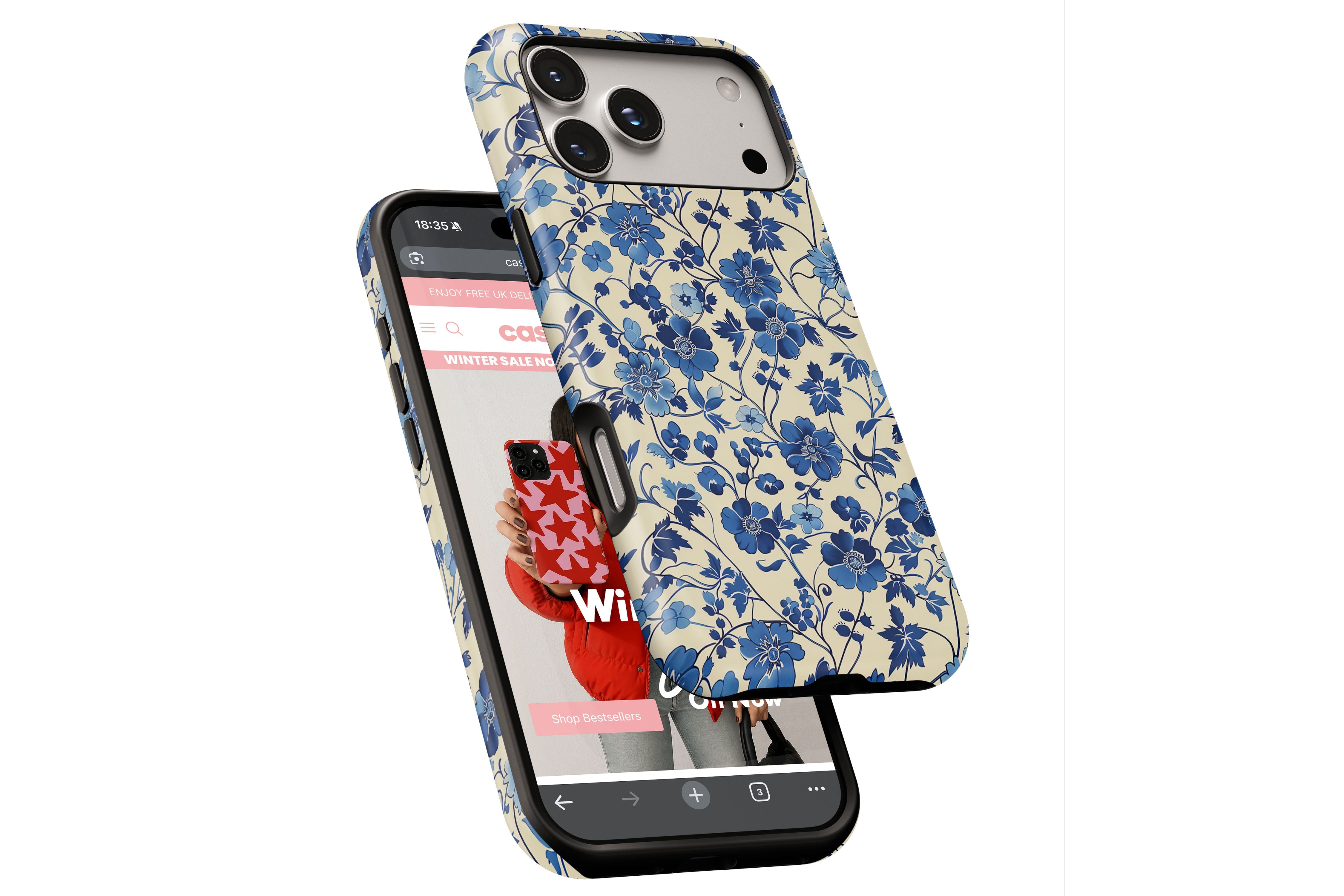 Side view of Floral Blues magnetic tough case showing button cut-outs