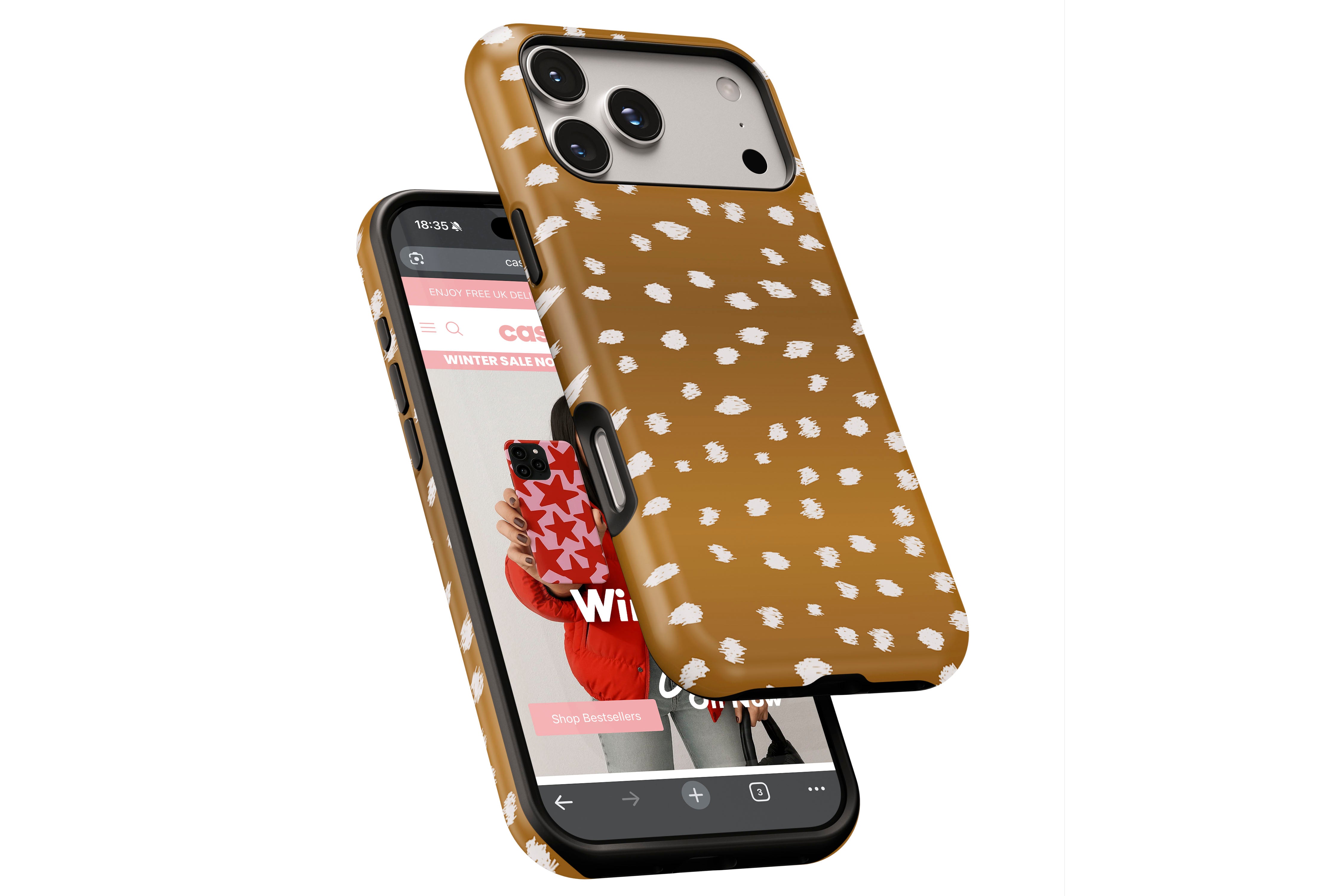 Side view of Freckled magnetic tough case showing button cut-outs