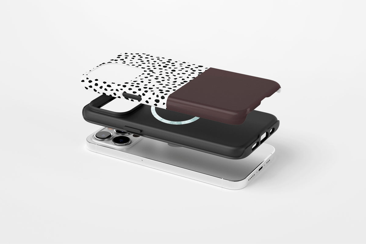 Side view of Geo Dots (Espresso) phone case showing black and white irregular dot print with espresso brown colour block