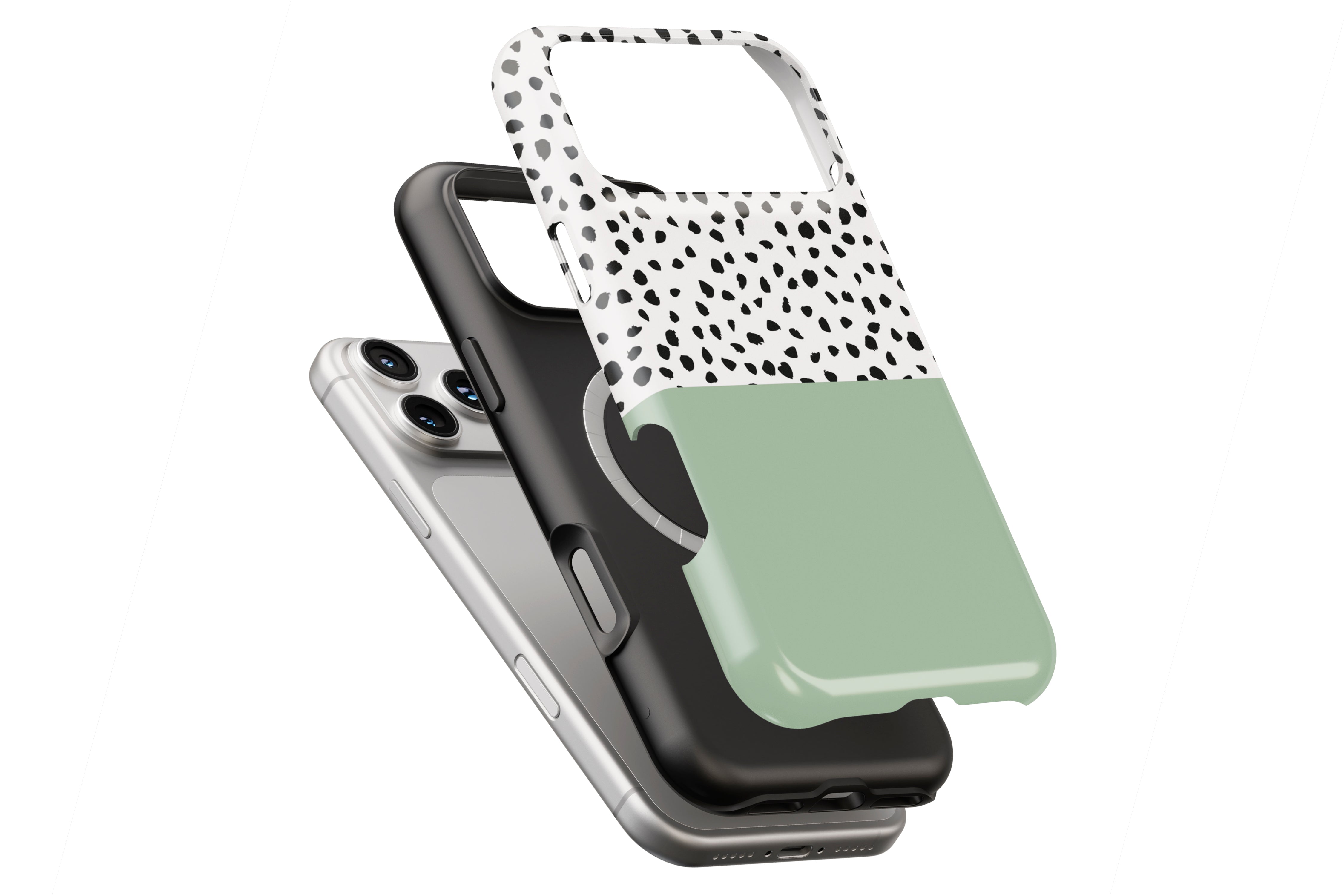 Geometric Dots Green magnetic case showing built-in magnetic ring compatible with MagSafe charging