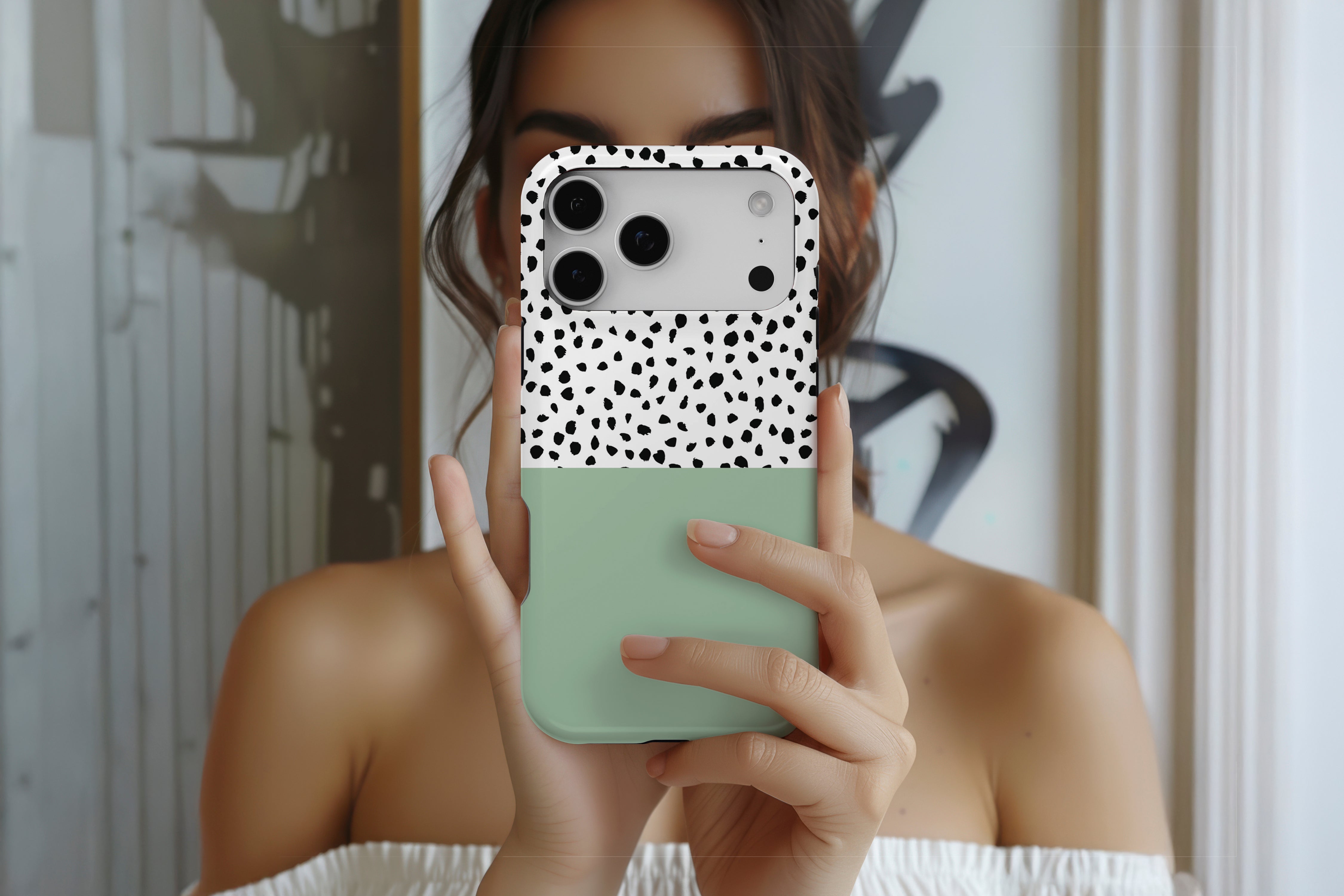 Lifestyle image of Geometric Dots Green magnetic tough case showing green dotty design