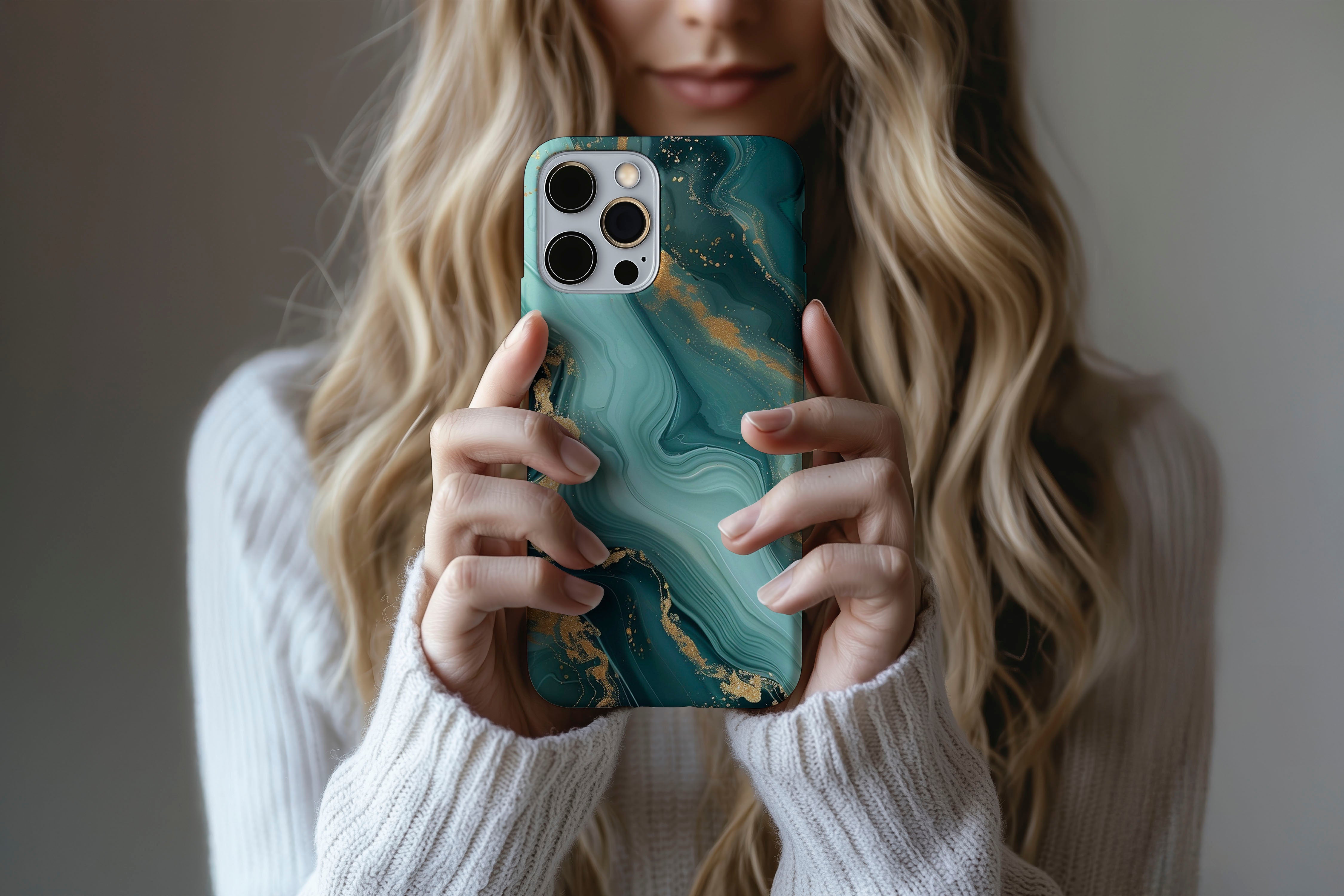 Lifestyle image of Green Marble phone case showing marble print design