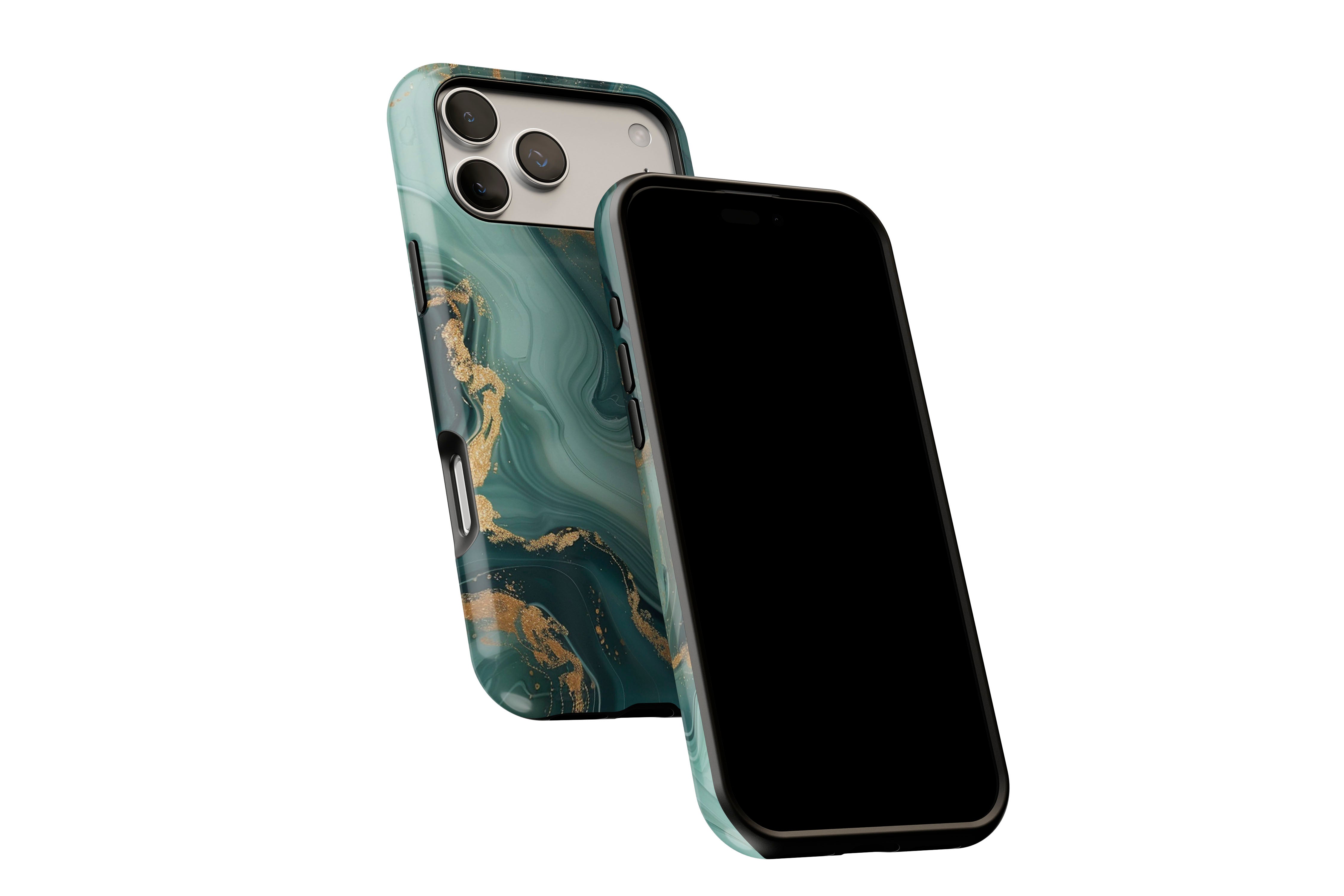 Side view of Green Marble phone case showing button cut-outs