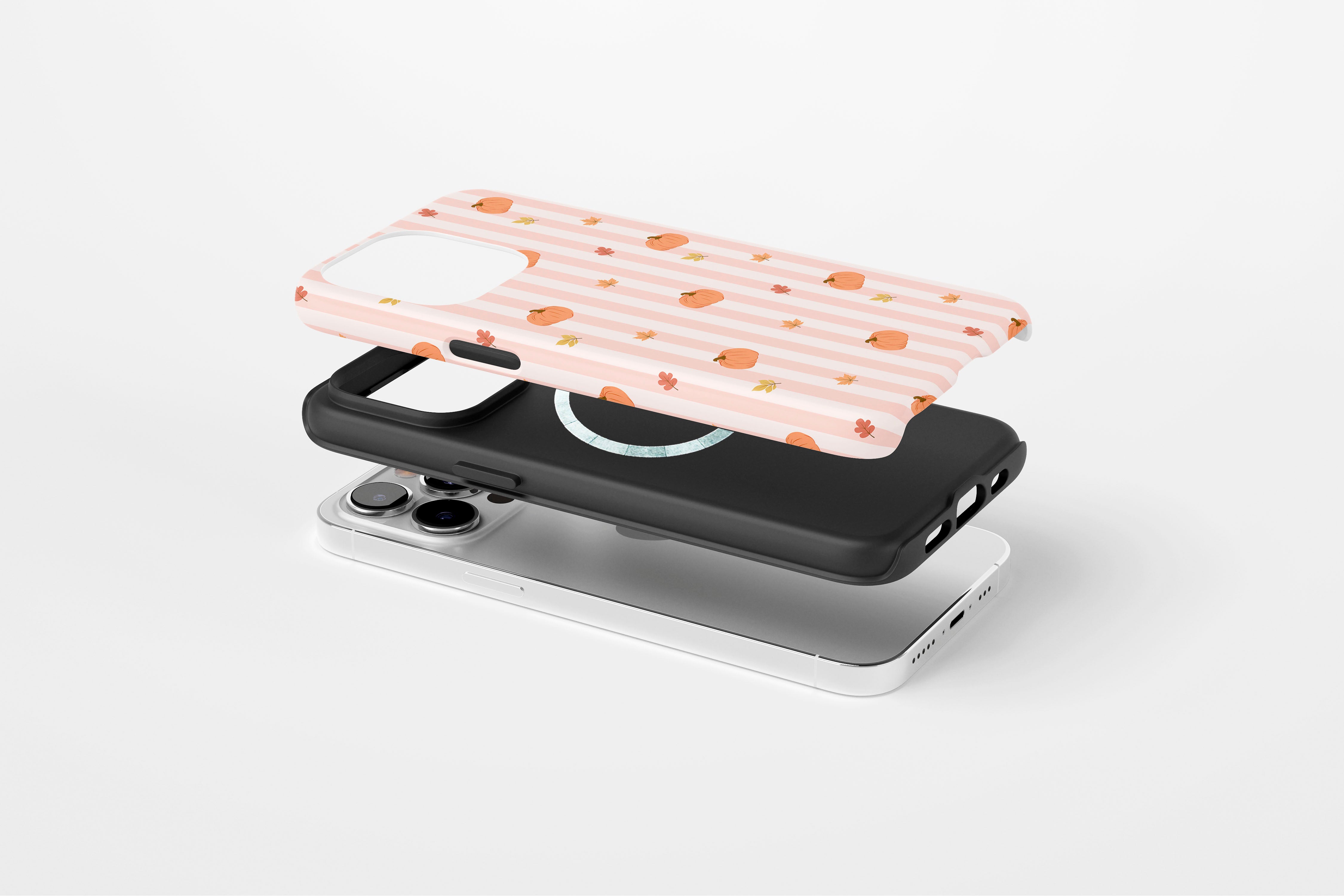 Side view of Hey There Pumpkin case showing pumpkin stripe print design