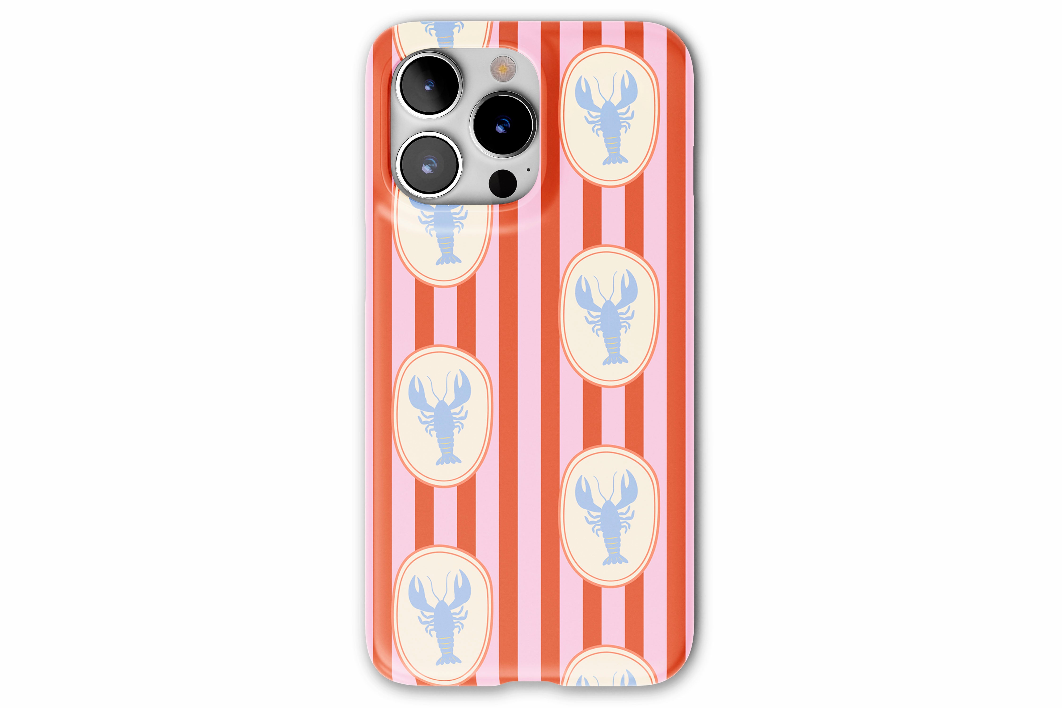 Front view of Lobster case showing lace abstract stripes and lobsters design