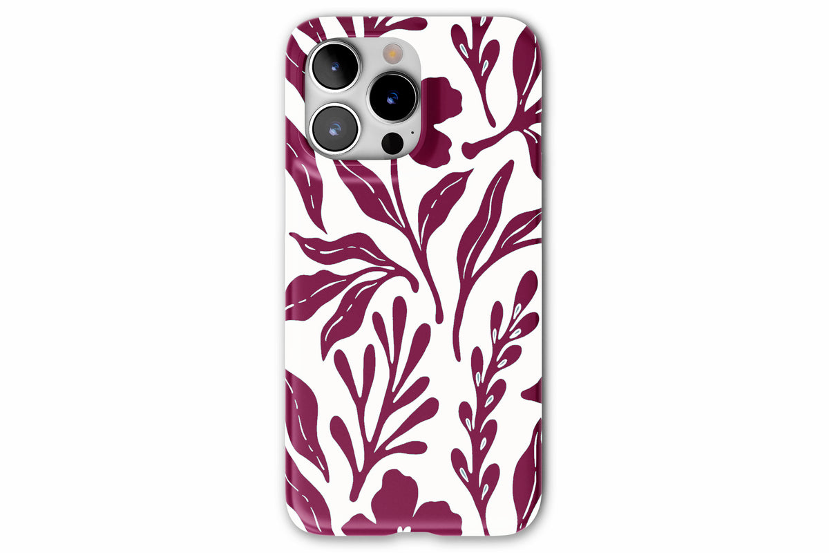 Front view of Matisse (Burgundy) phone case showing burgundy botanical line print on a cream base