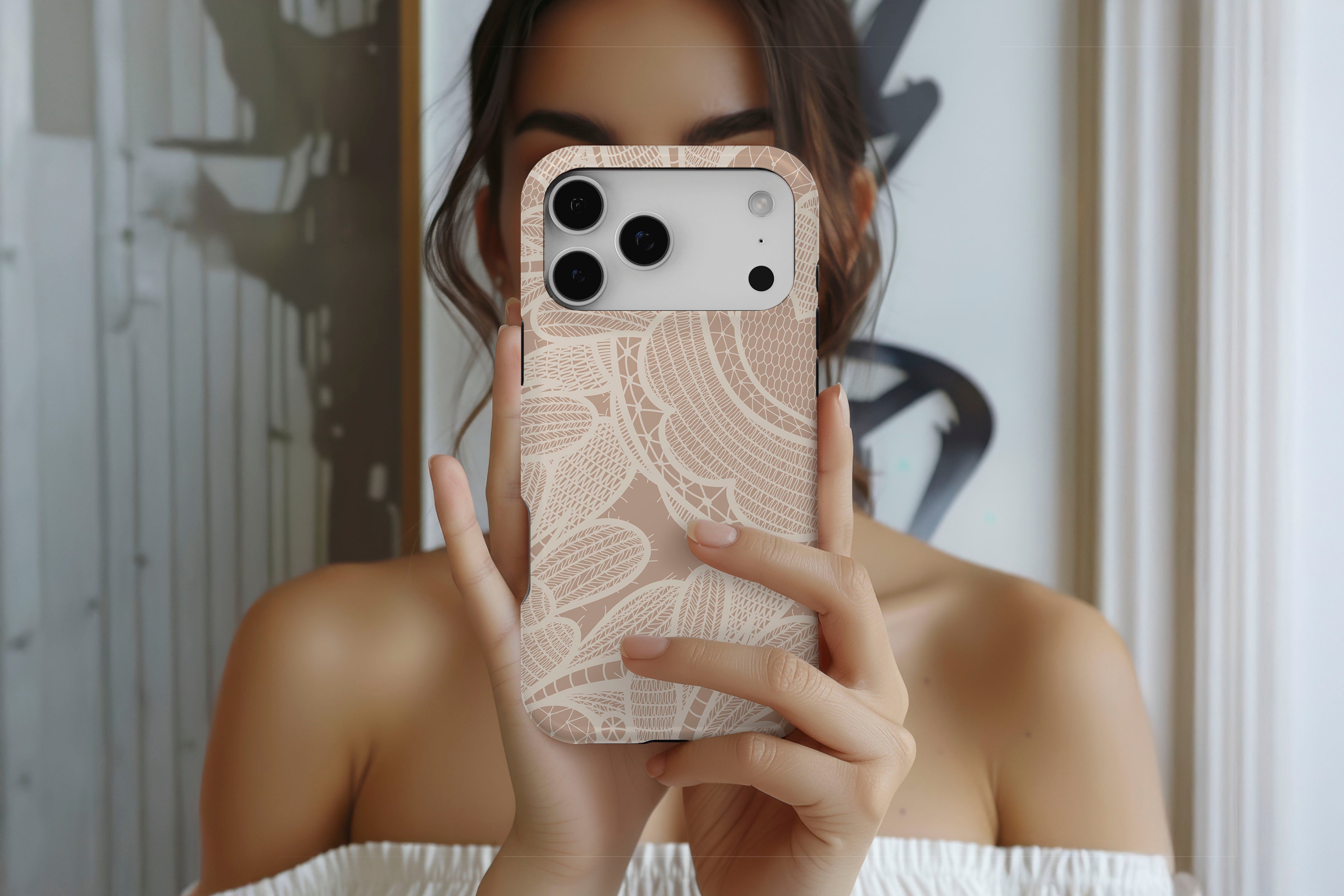 Lifestyle image of Nude Lace magnetic tough case showing lace print design