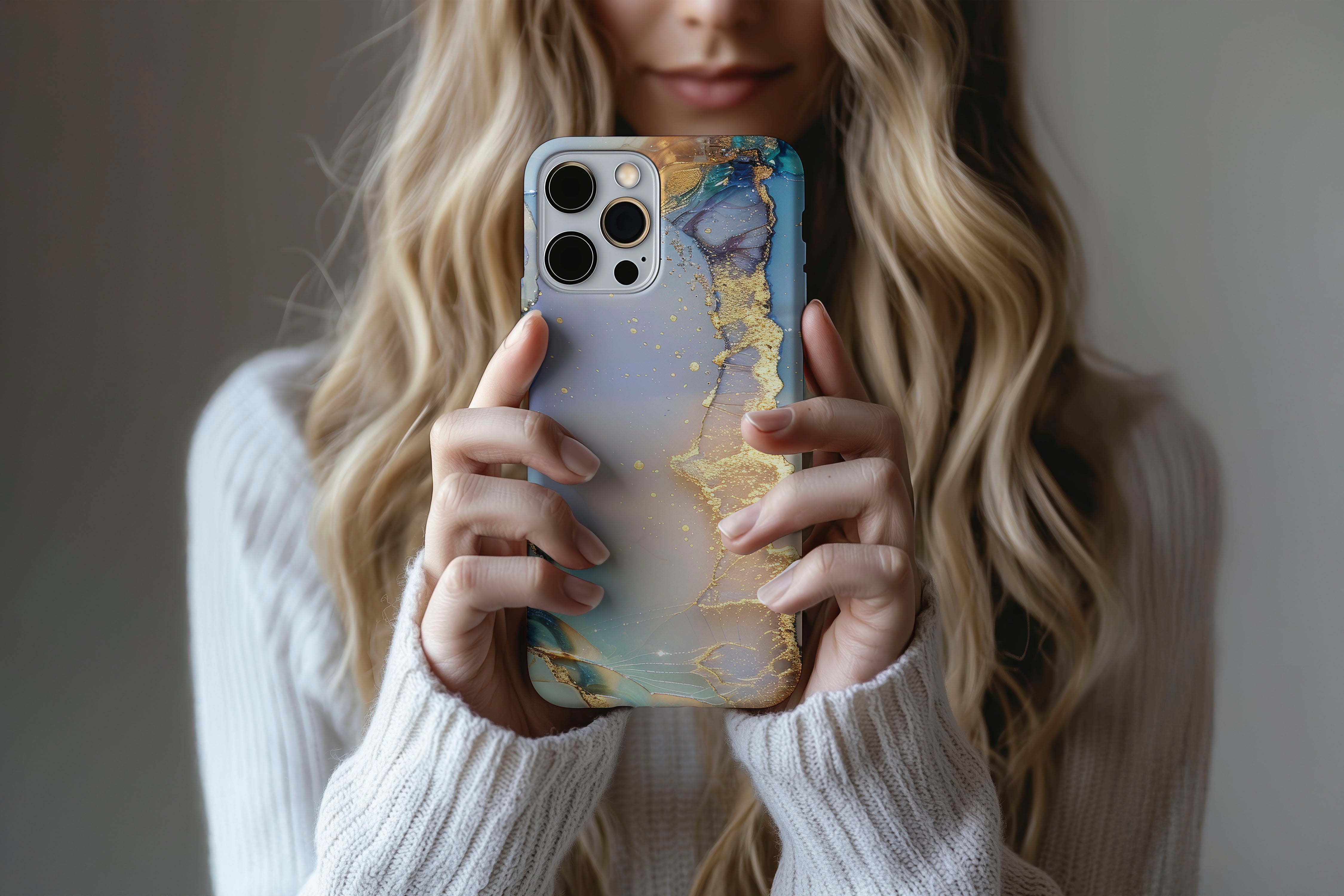 Lifestyle image of Opulent Marble phone case showing marble print design