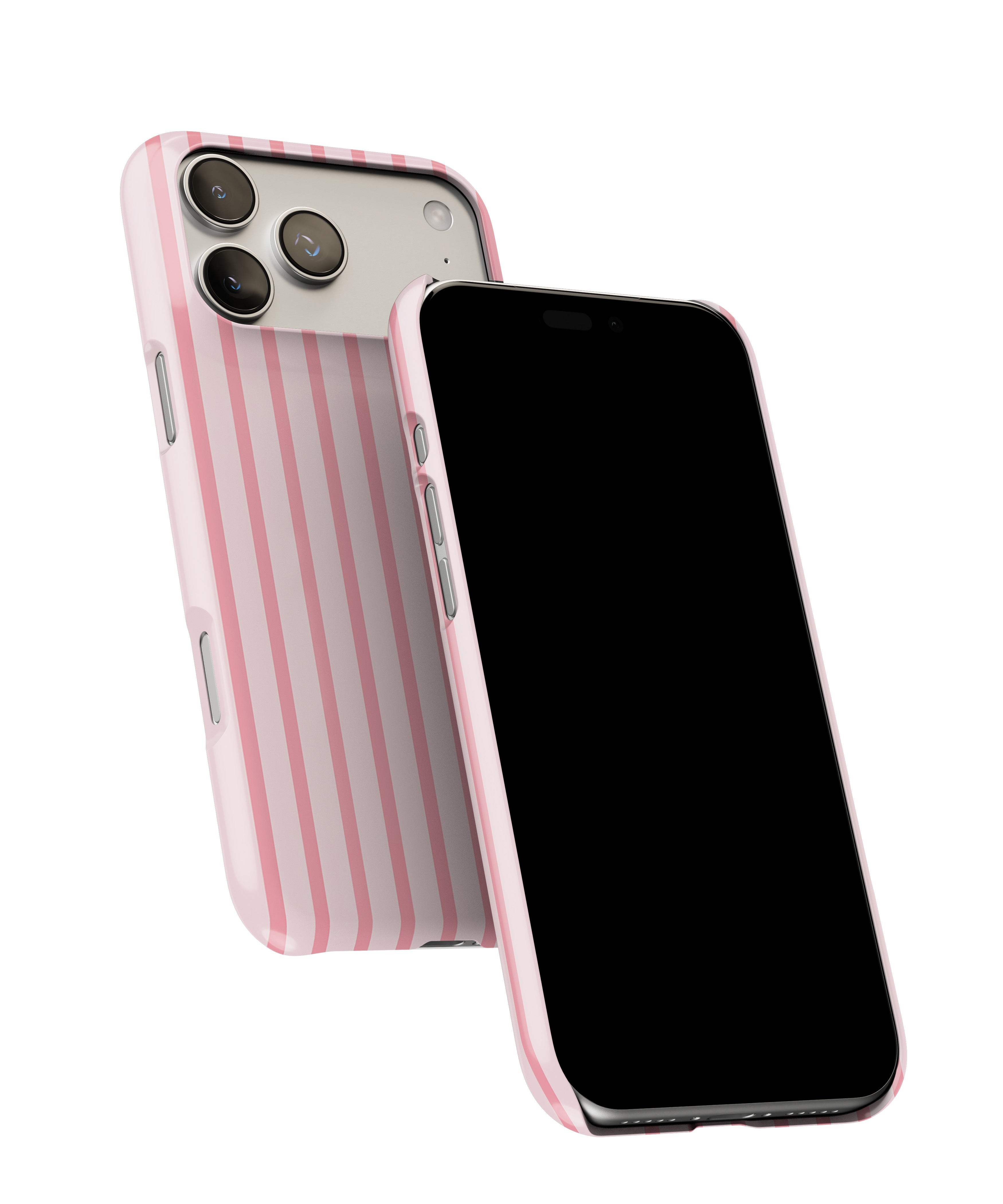 Side view of Sleepover Pink Stripe phone case showing button cut-outs