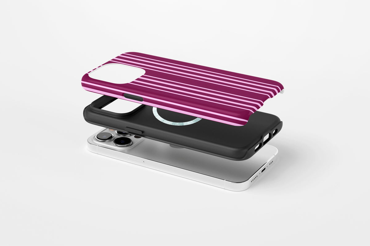 Side view of Soho phone case showing rich burgundy and pink vertical stripe print