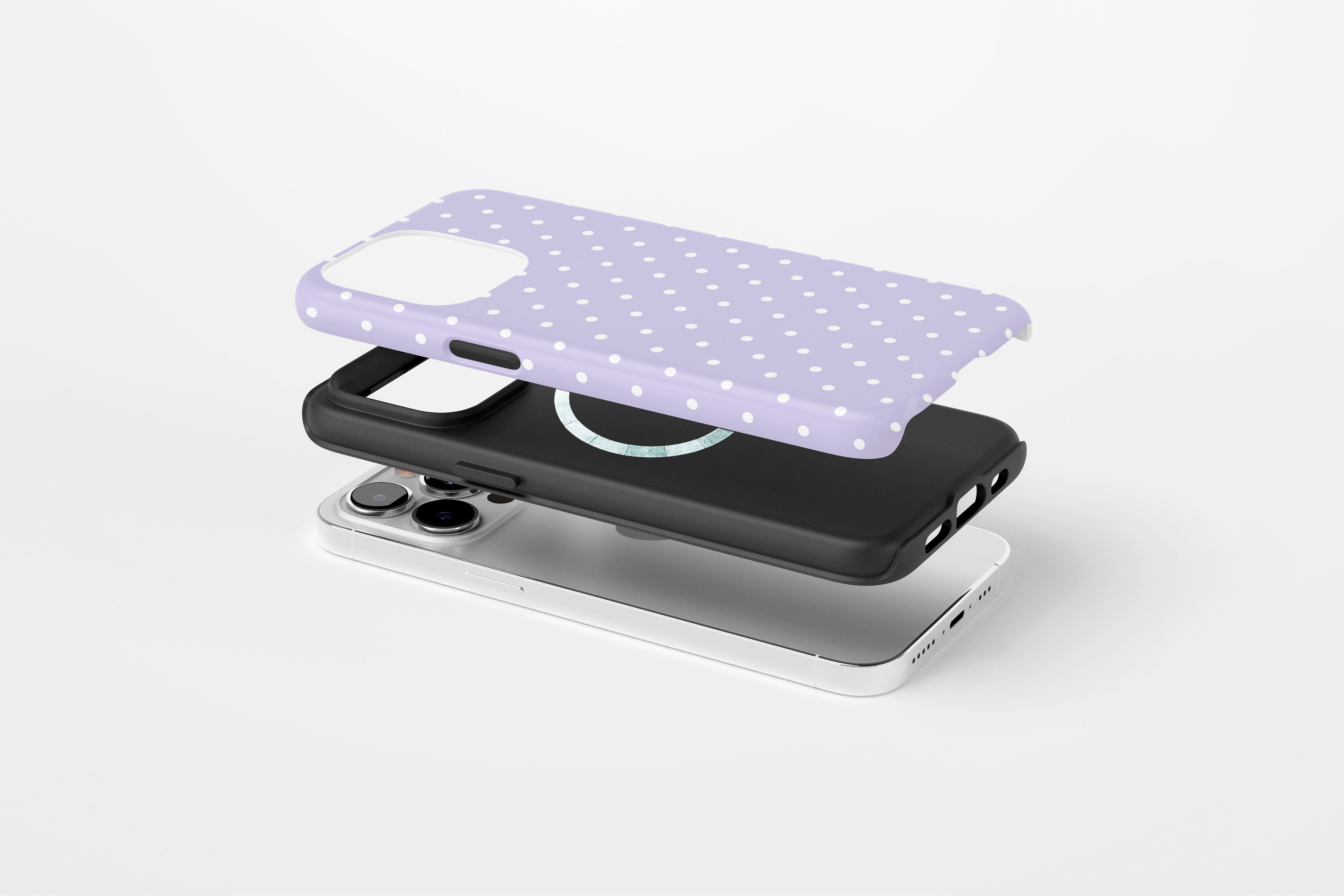 Side view of Spotted Lilac case showing multi dot print design