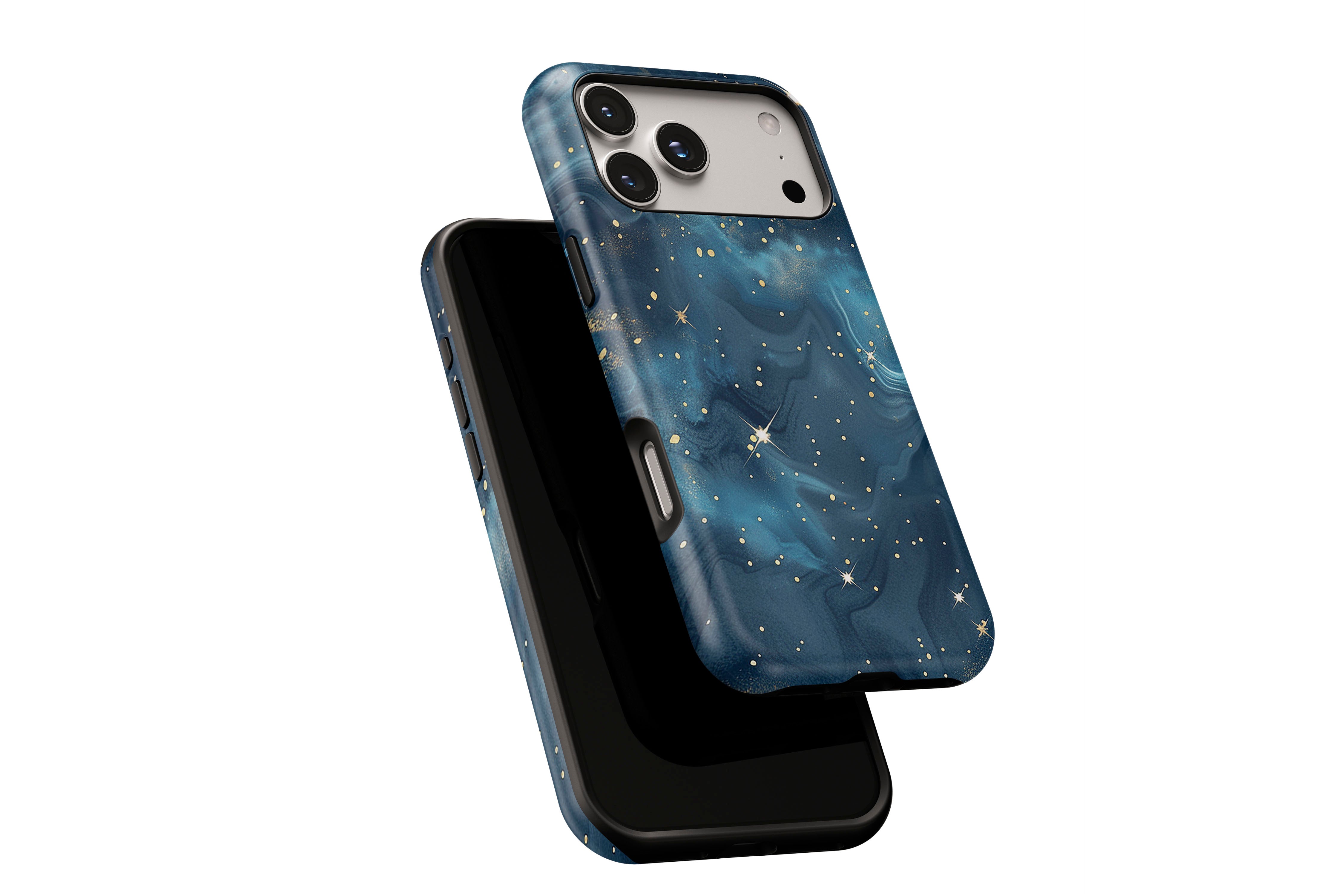Side view of Starry Night phone case showing button cut-outs
