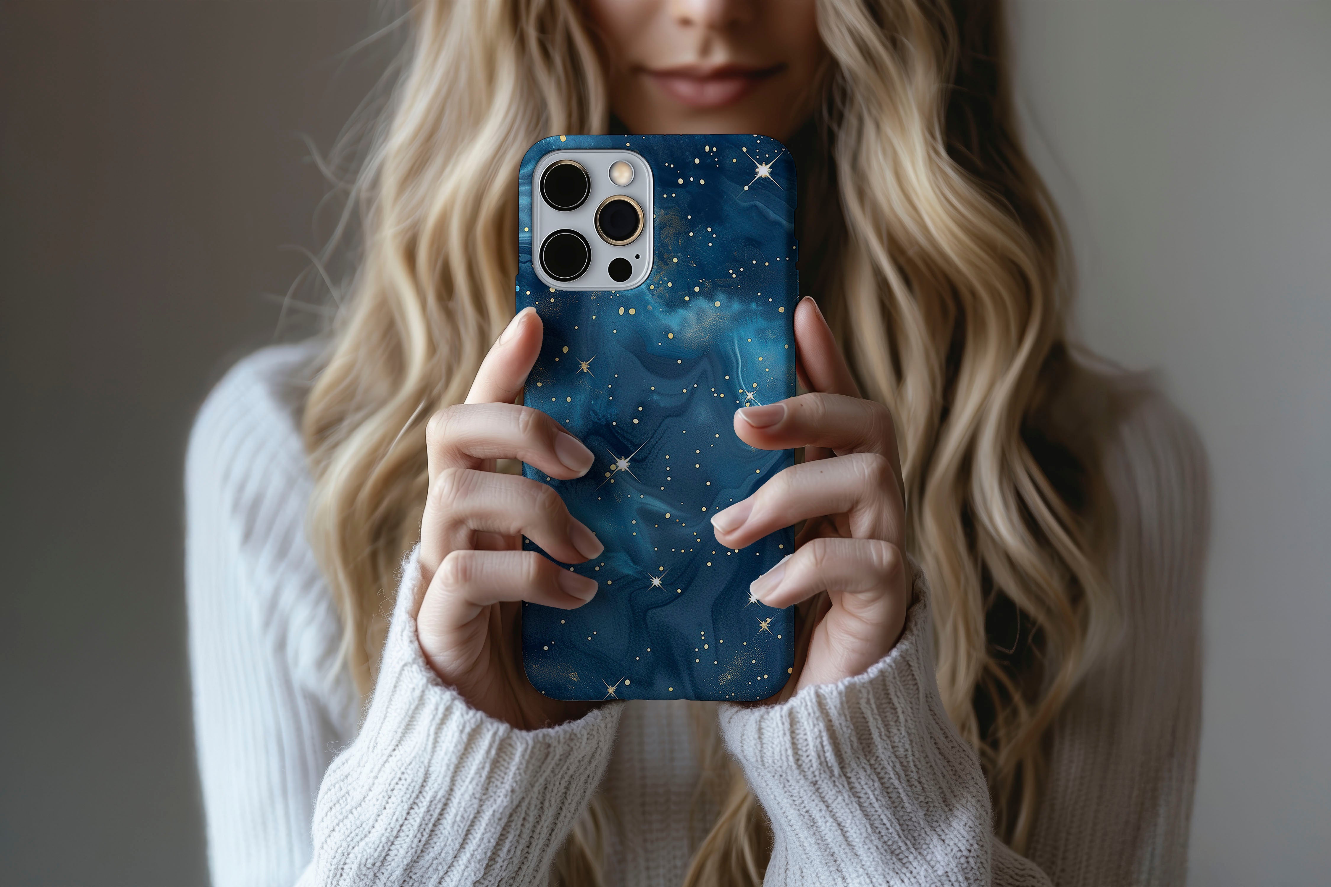 Lifestyle image of Starry Night phone case showing multi star design