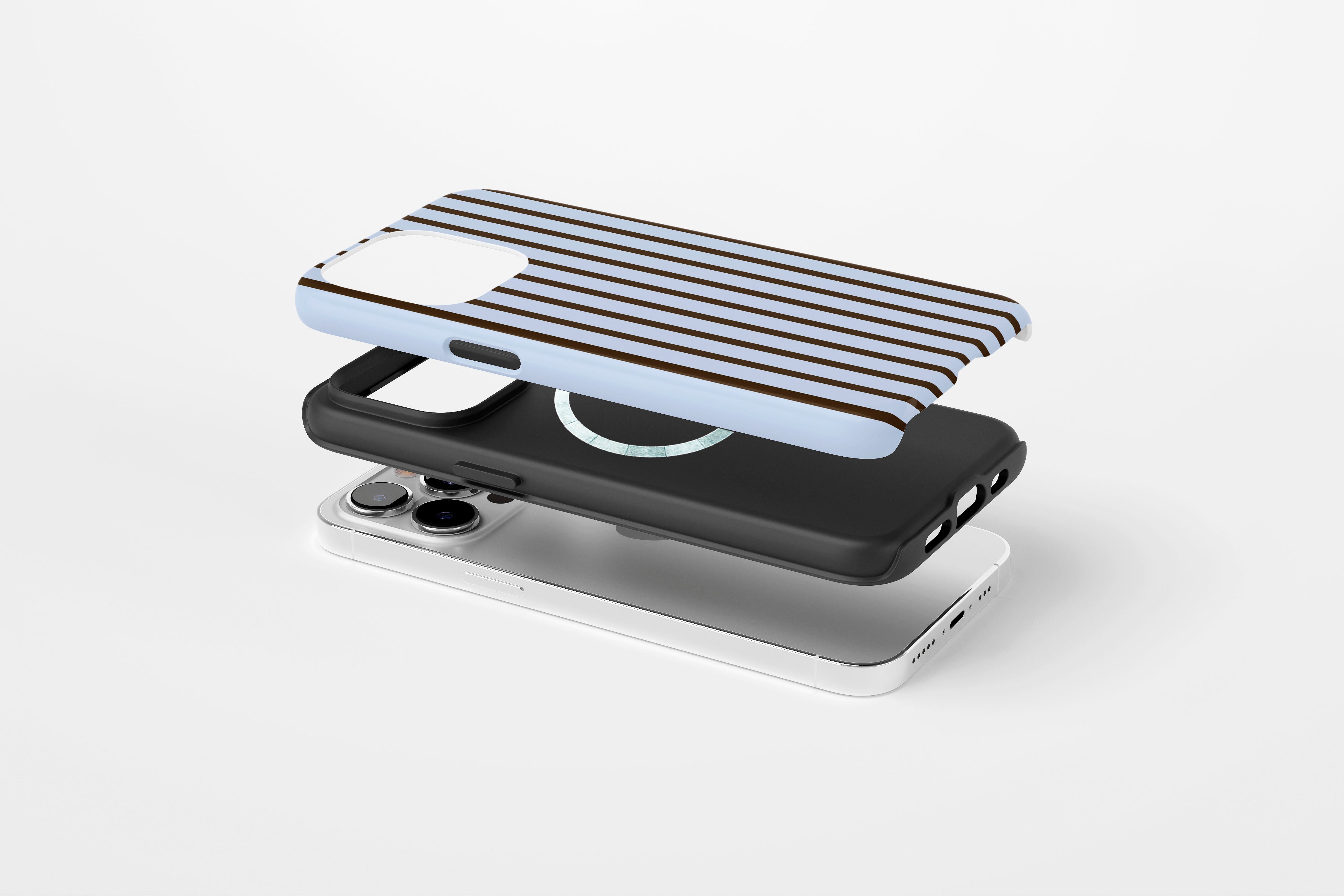 Side view of Stripes (Blue Mocha) case showing stripe print design