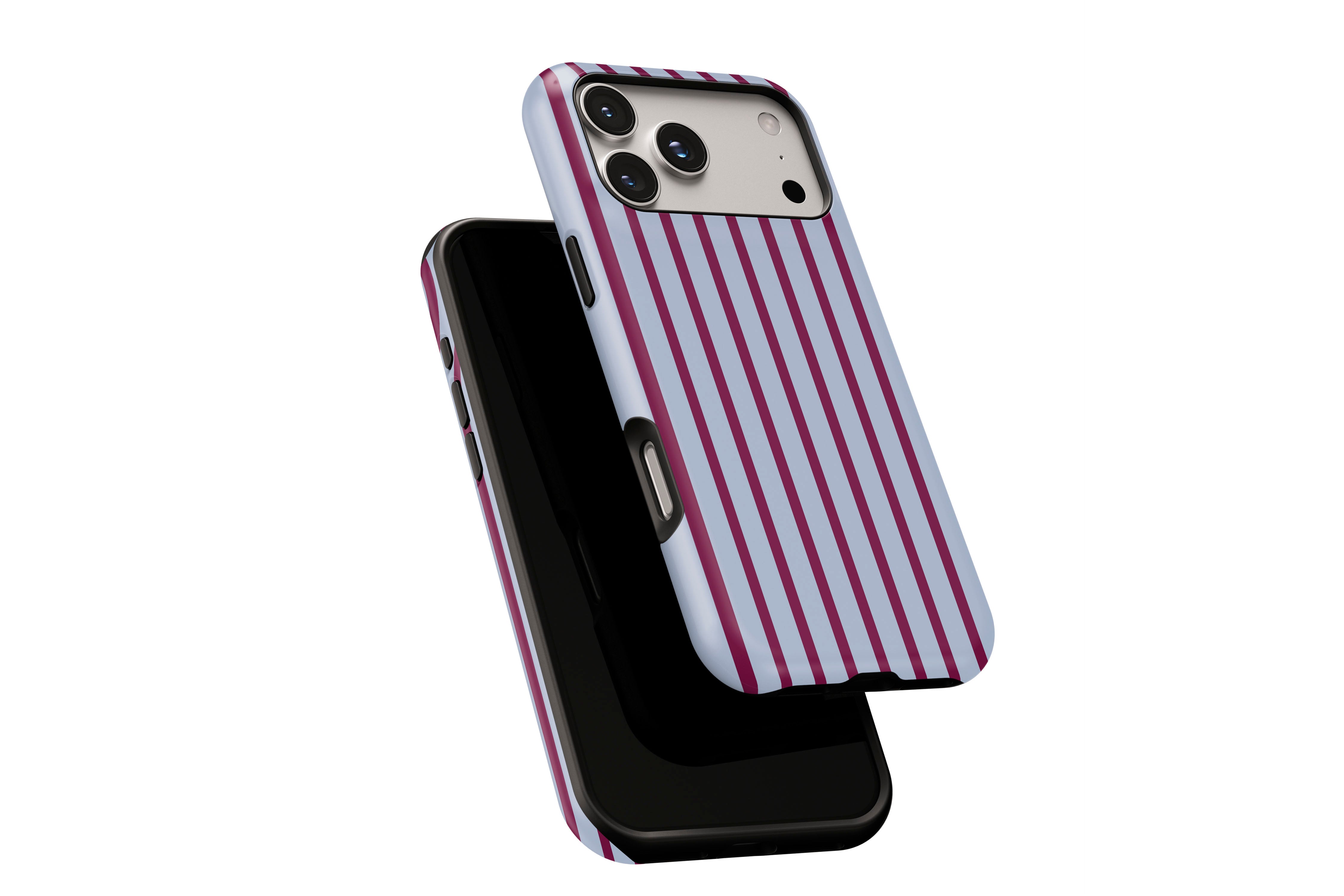 Side view of Stripes (Burgundy) phone case showing button cut-outs