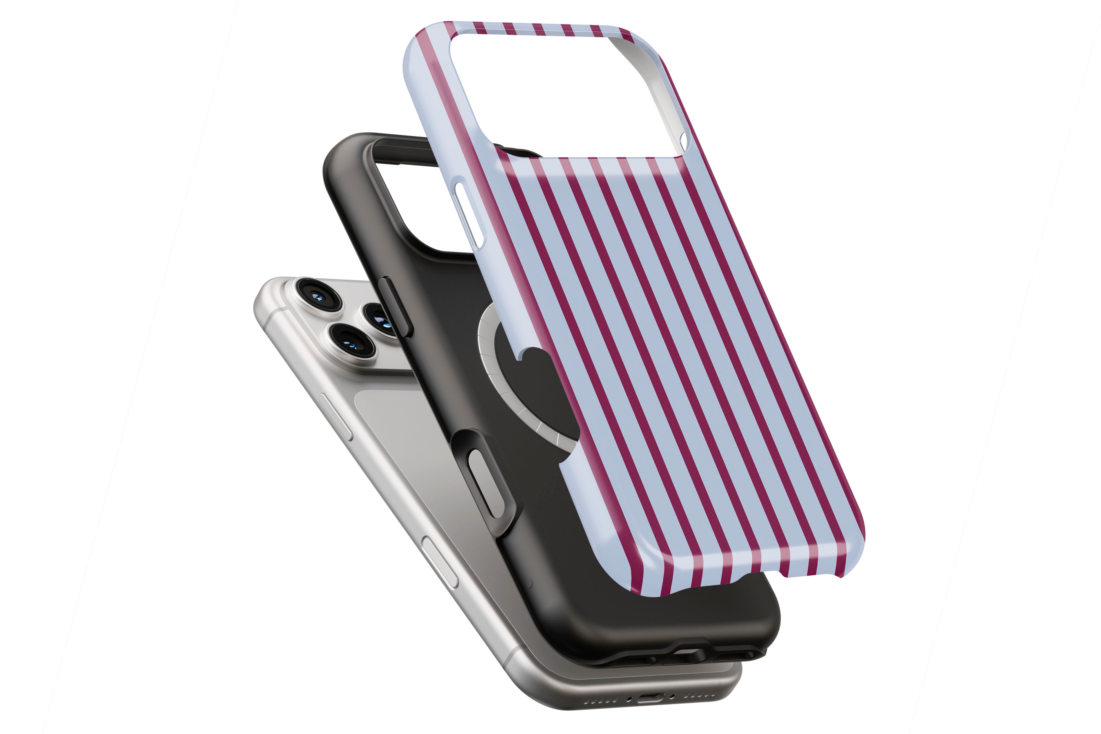 Stripes (Burgundy) magnetic case showing built-in magnetic ring compatible with MagSafe charging