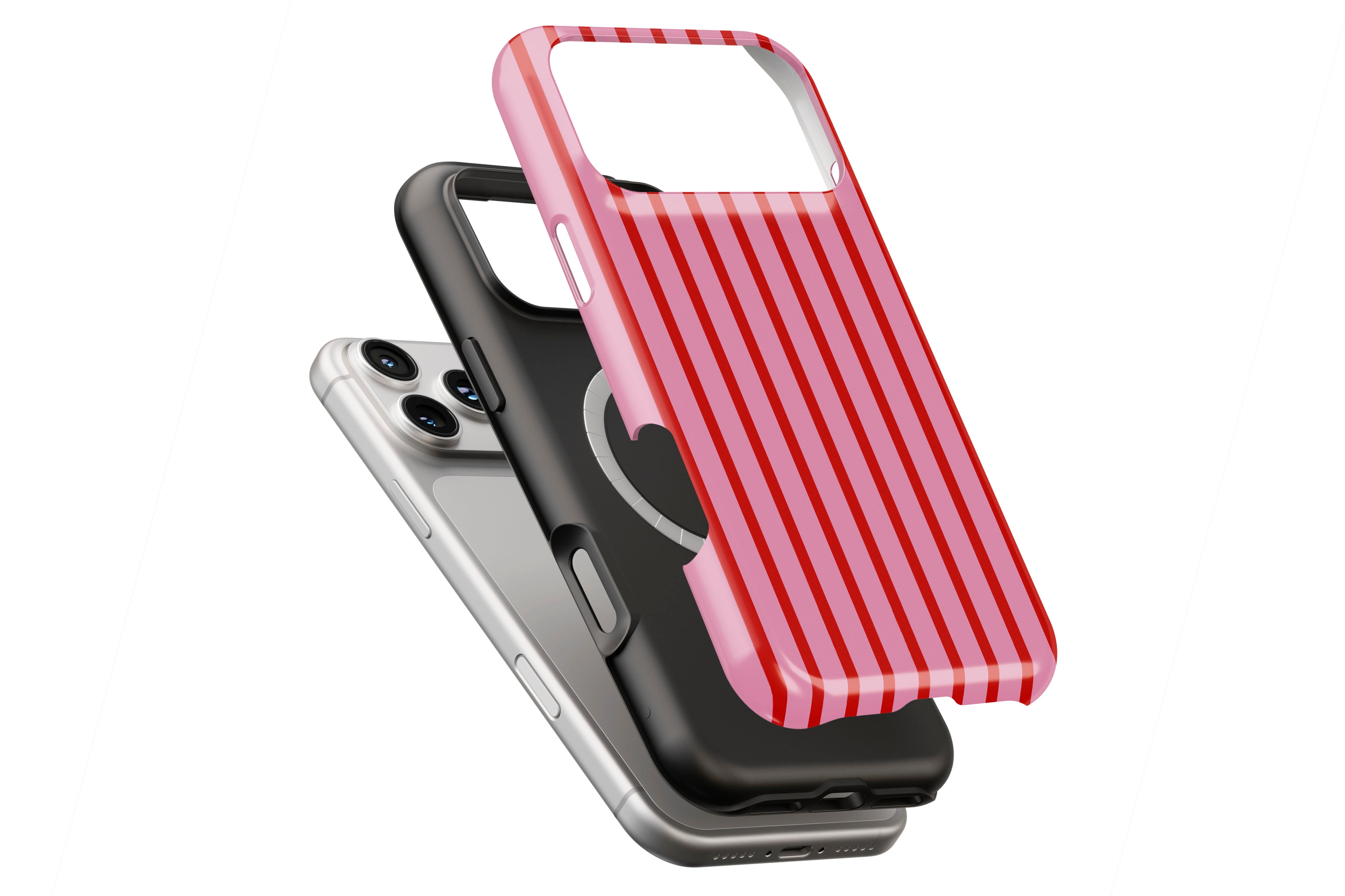 Stripes Cherry magnetic case showing built-in magnetic ring compatible with MagSafe charging