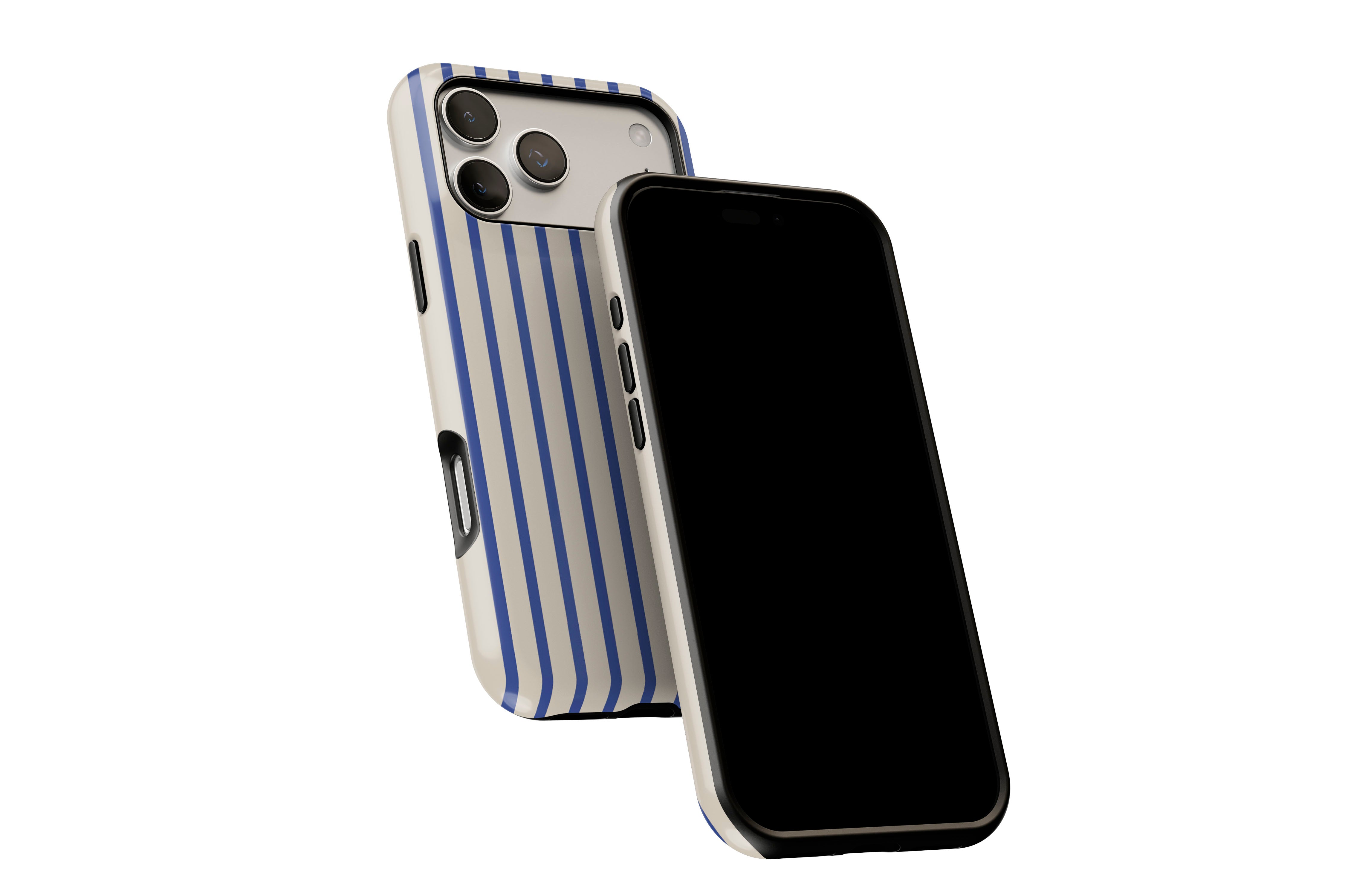 Side view of Stripes Cobalt phone case showing button cut-outs