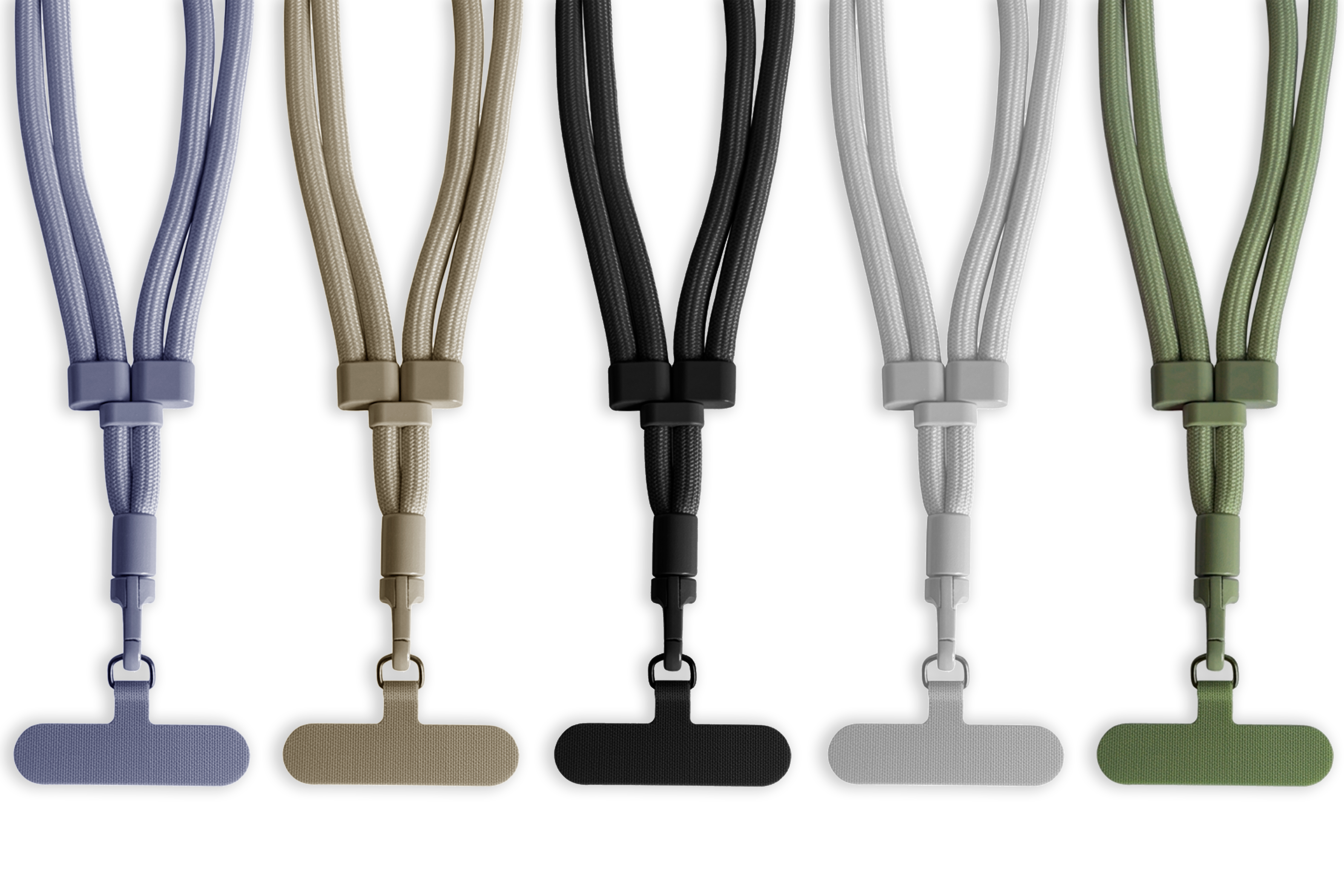 Set of five lanyards in different colors on a white background