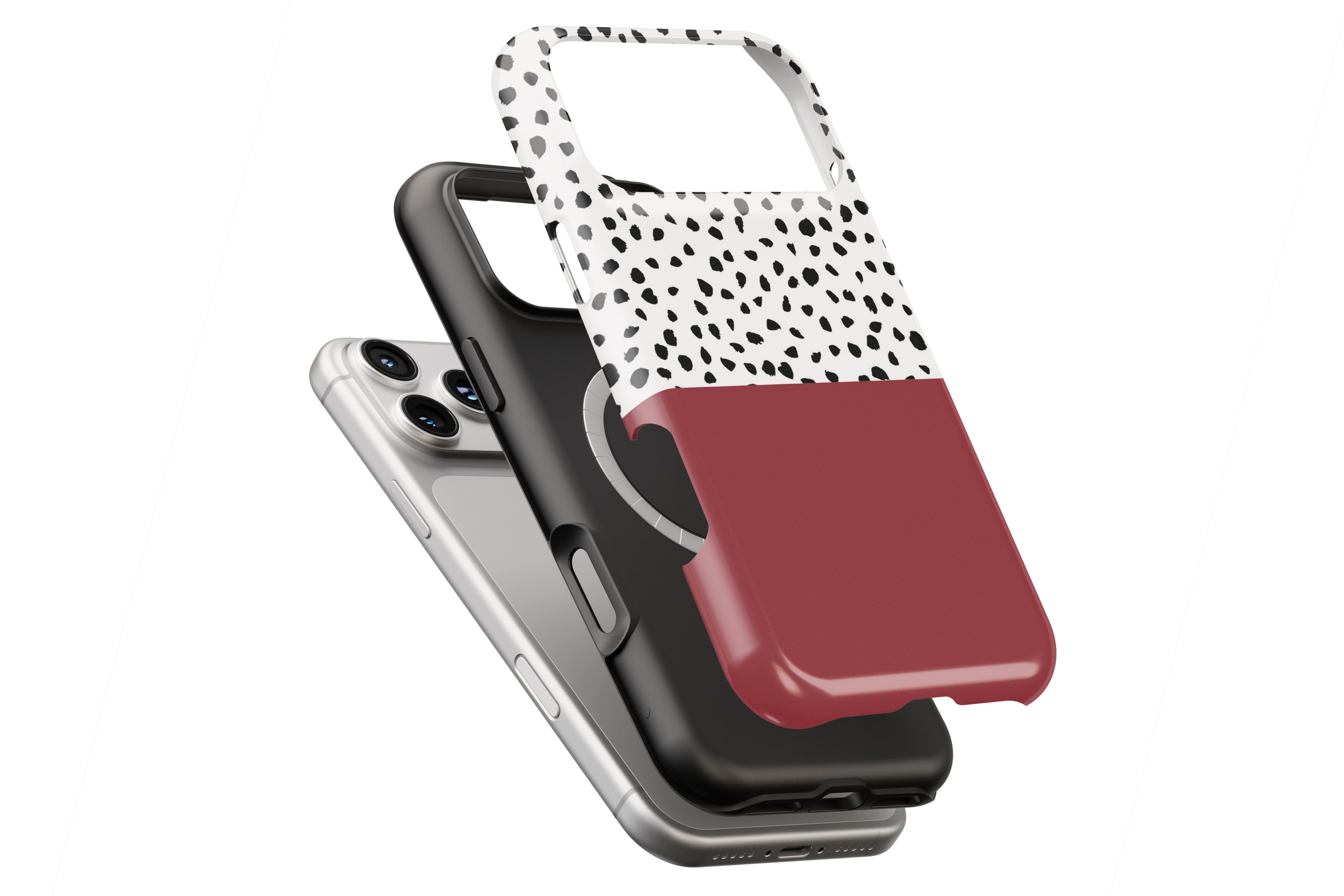 Geometric Dots Burgundy magnetic case showing built-in magnetic ring compatible with MagSafe charging