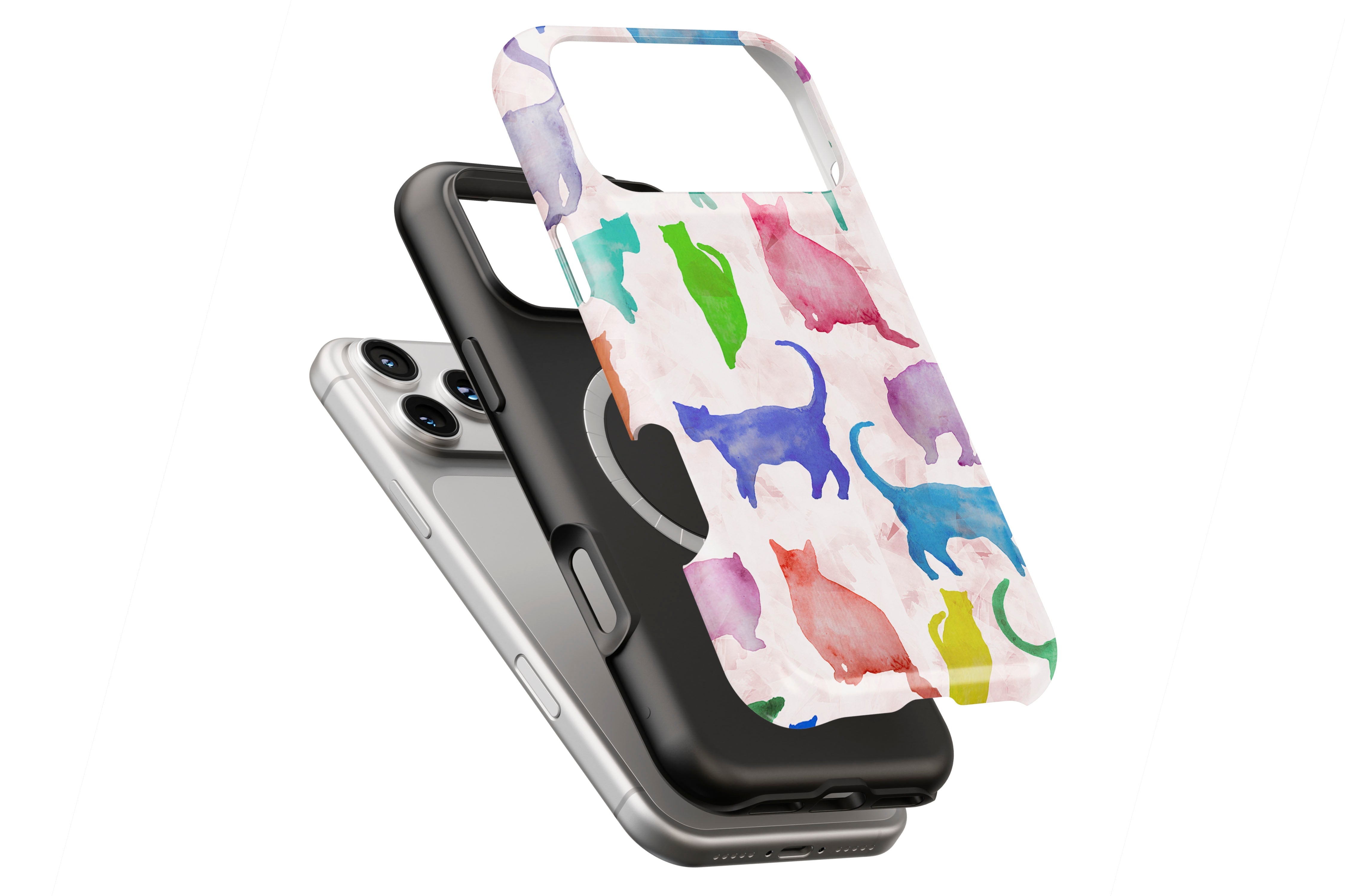 Abstract Cats pattern magnetic case showing built-in magnetic ring compatible with MagSafe charging