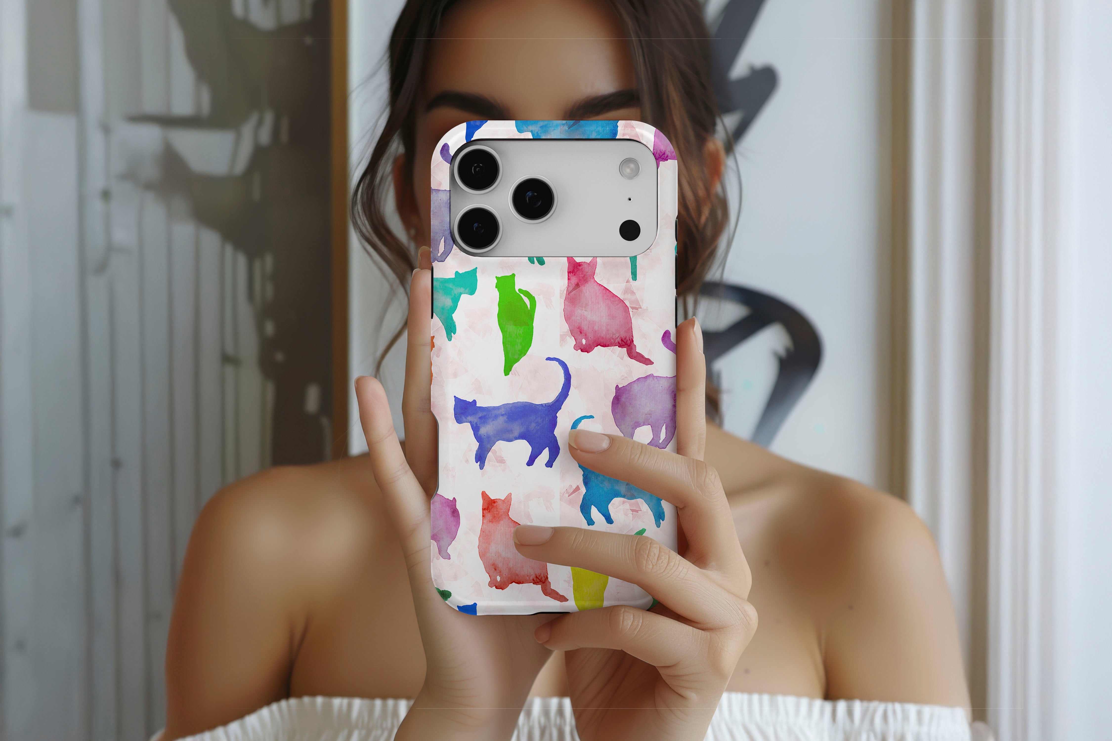 Lifestyle image of Abstract Cats  pattern magnetic tough case showing multi colour print design 