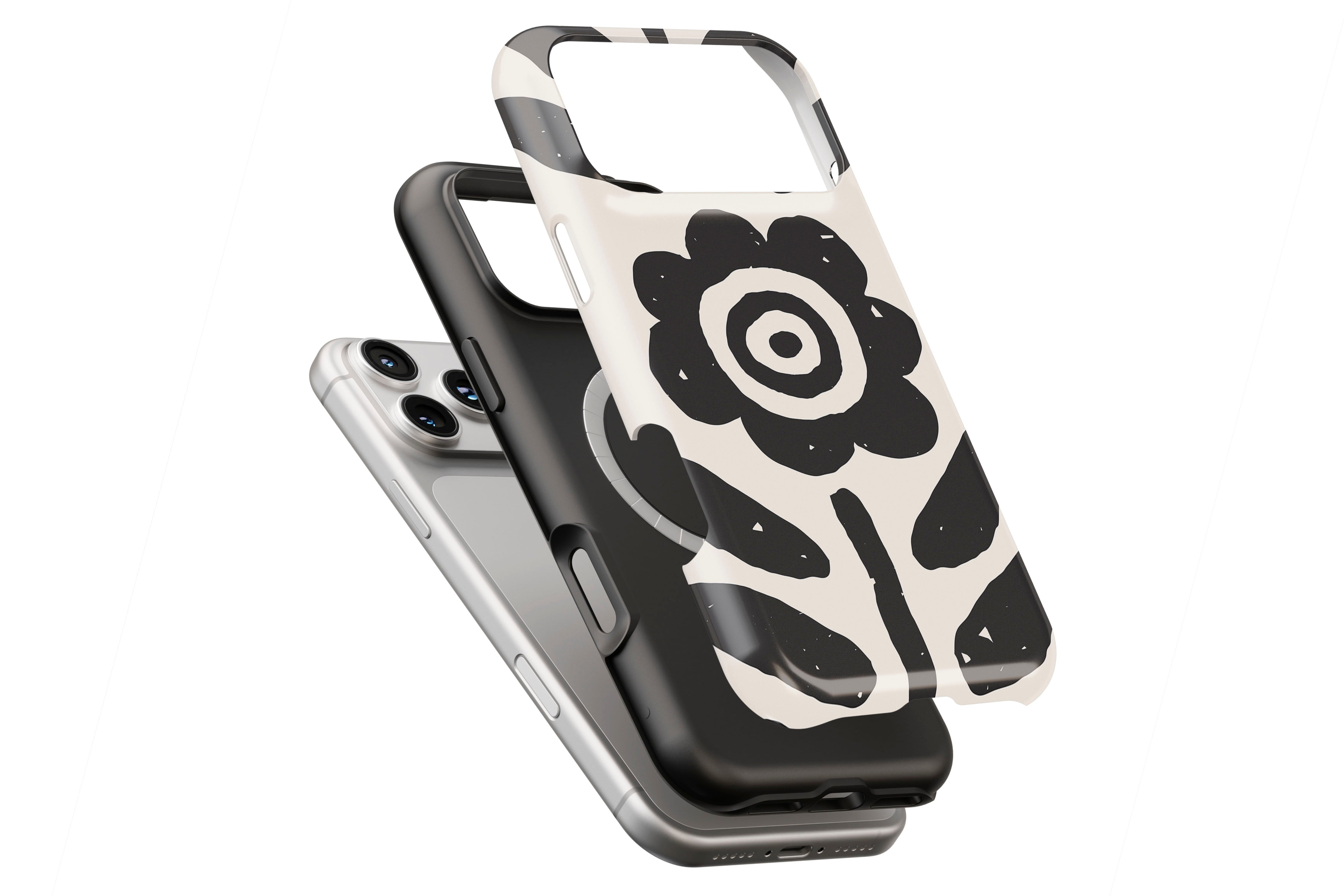 Abstract Flower magnetic case showing built-in magnetic ring compatible with MagSafe charging