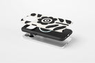 Side view of Abstract flower case showing  print design