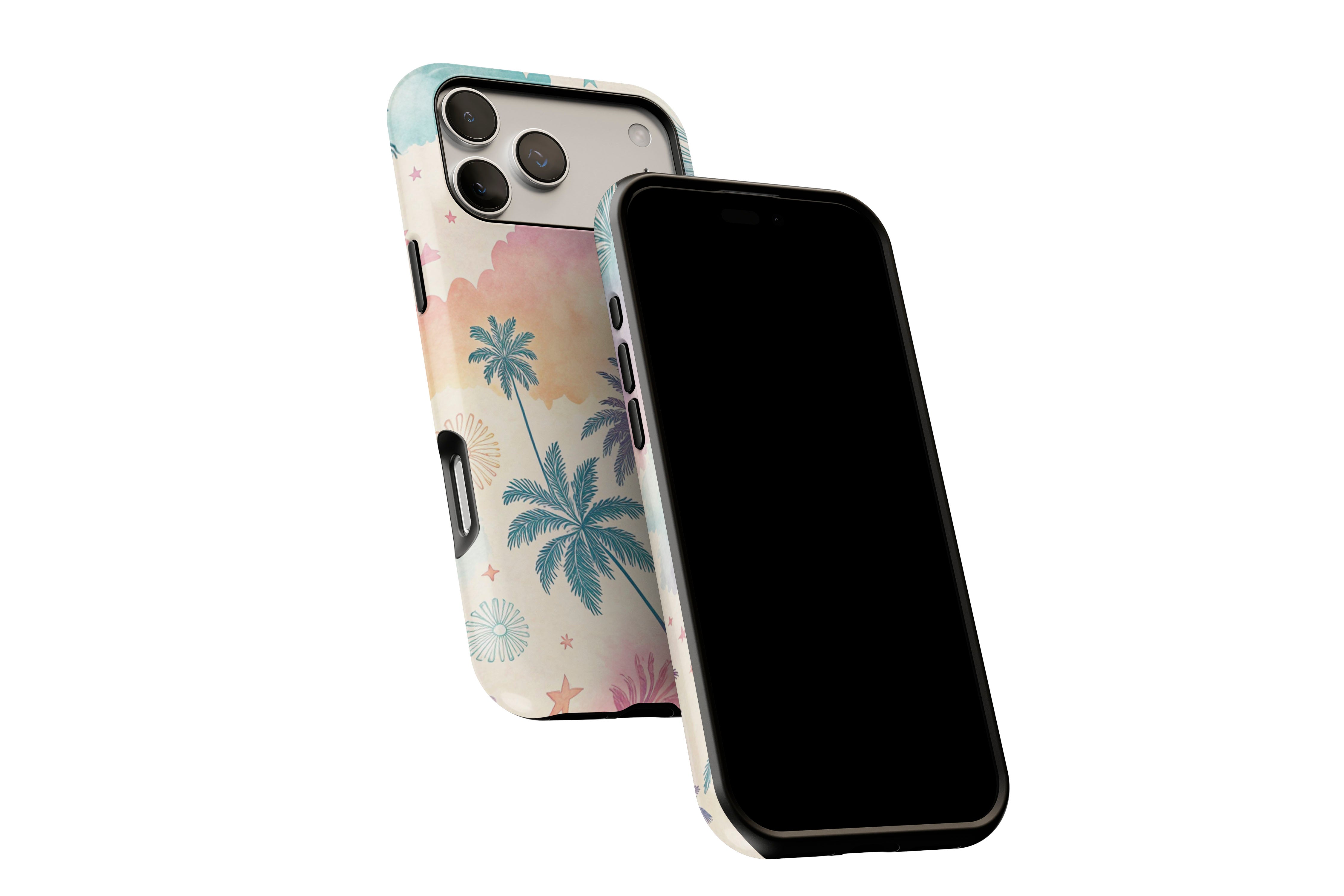 Side view of Abstract Palm phone case showing button cut-outs