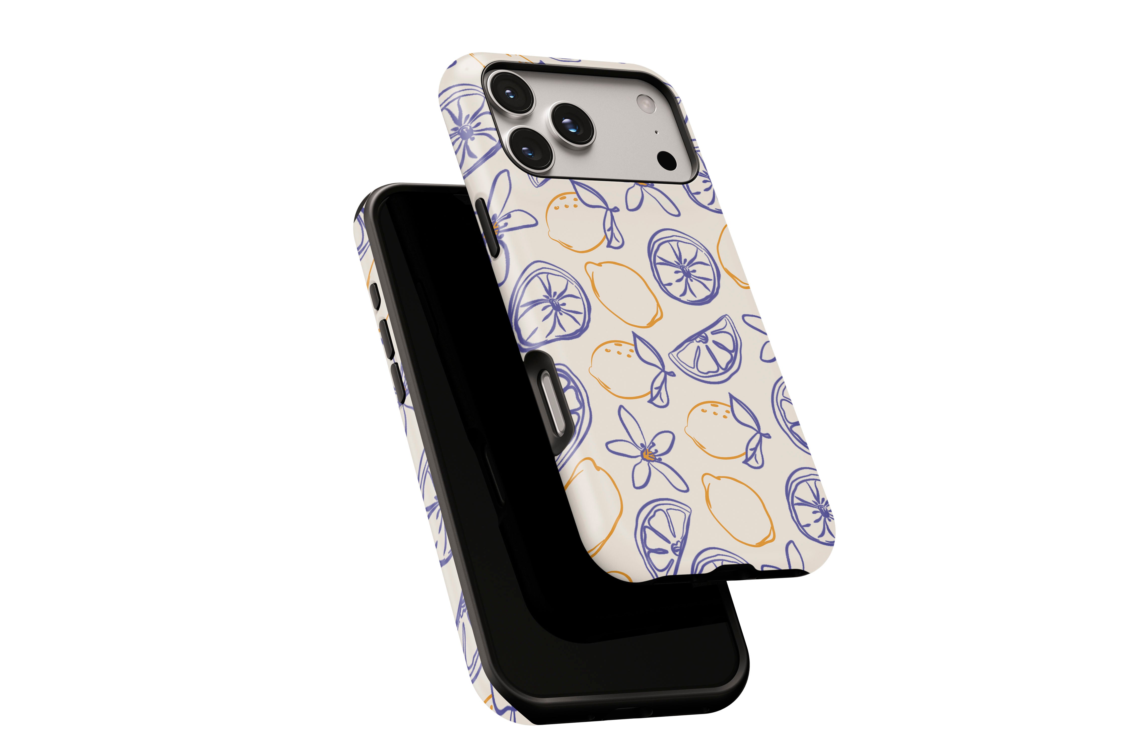Side view of Amalfi Lemon phone case showing button cut-outs