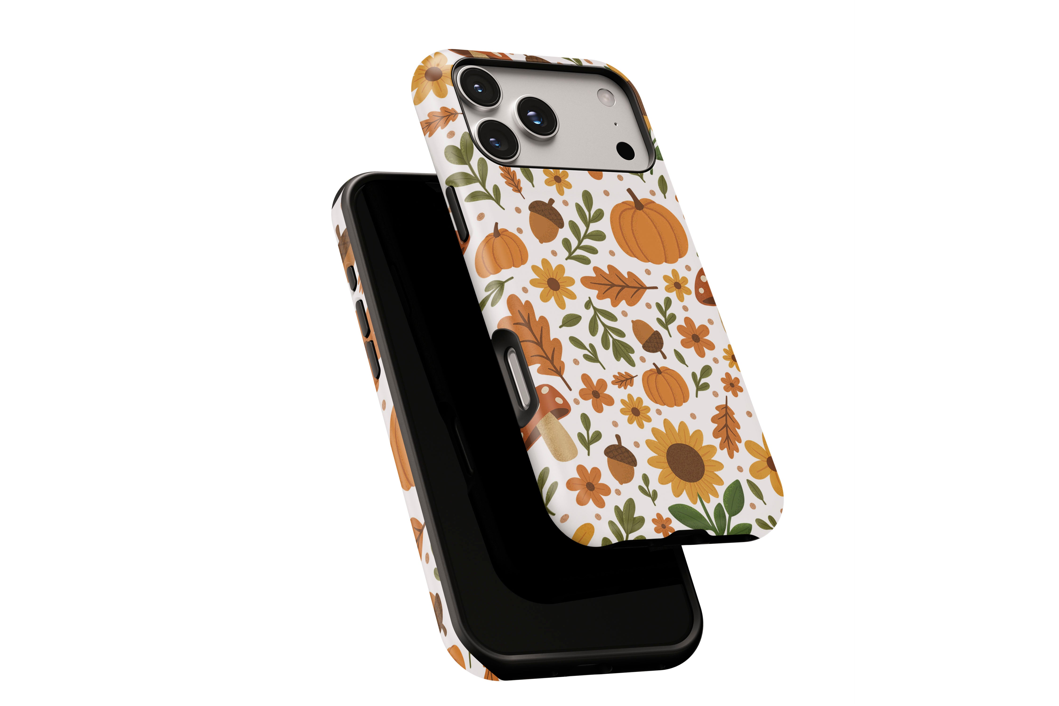Side view of Autumn Meadow phone case showing button cut-outs