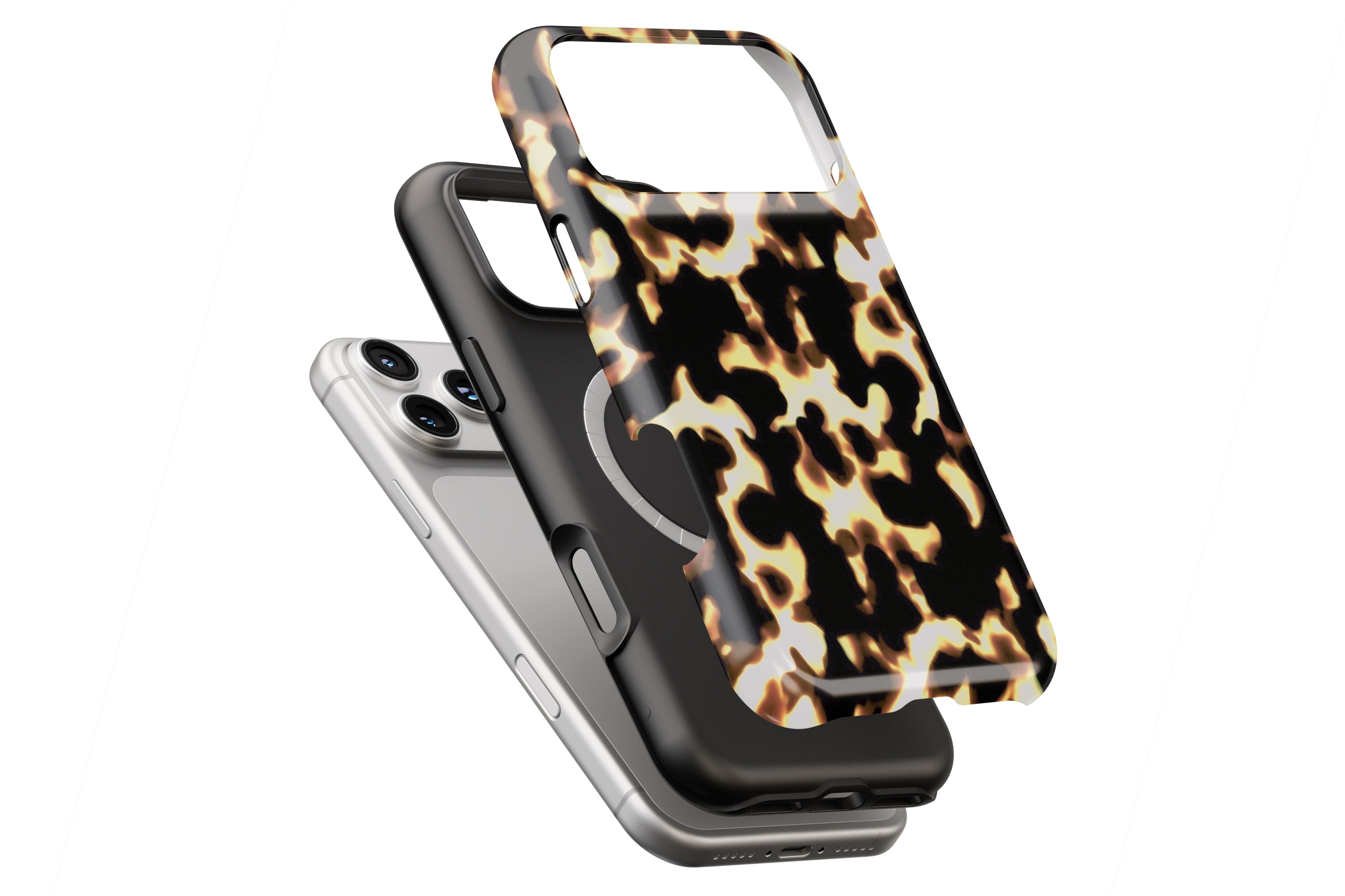 Tortoise shell pattern magnetic case showing built-in magnetic ring compatible with MagSafe charging