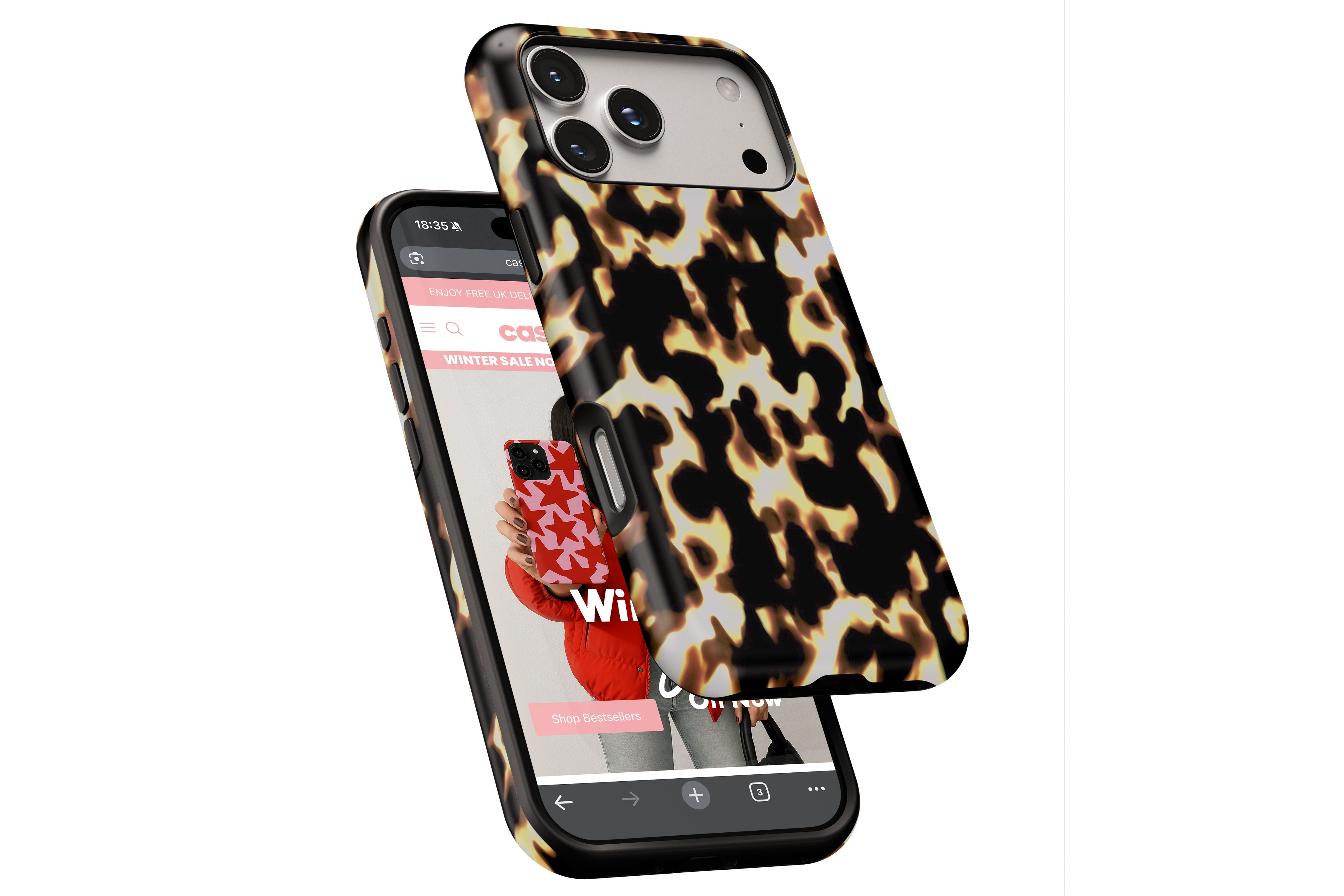 Side view of tortoise shell pattern magnetic tough case showing button cut-outs