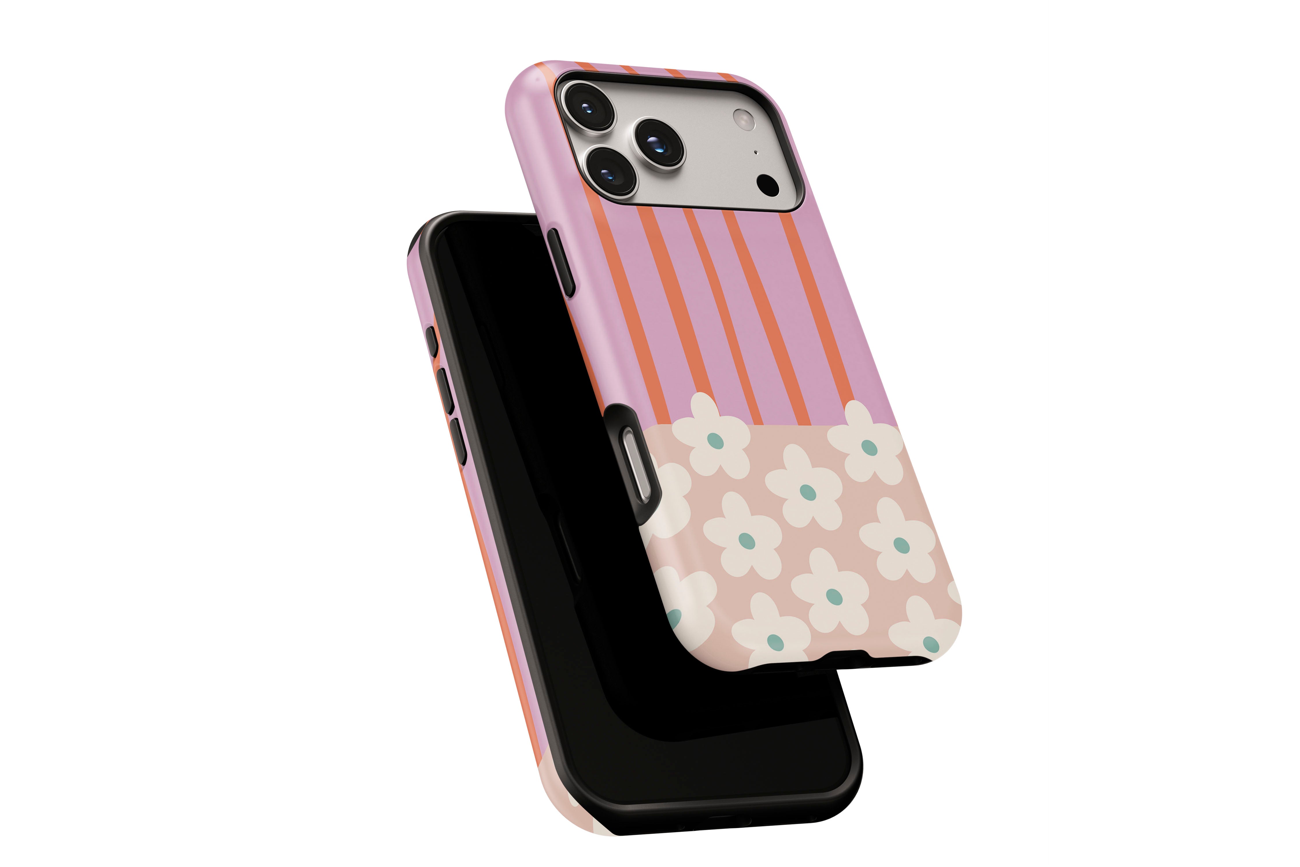 Side view of Cabana Bloom phone case showing button cut-outs