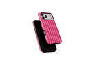 Side view of Candy Stripe pink  phone case showing button cut-outs