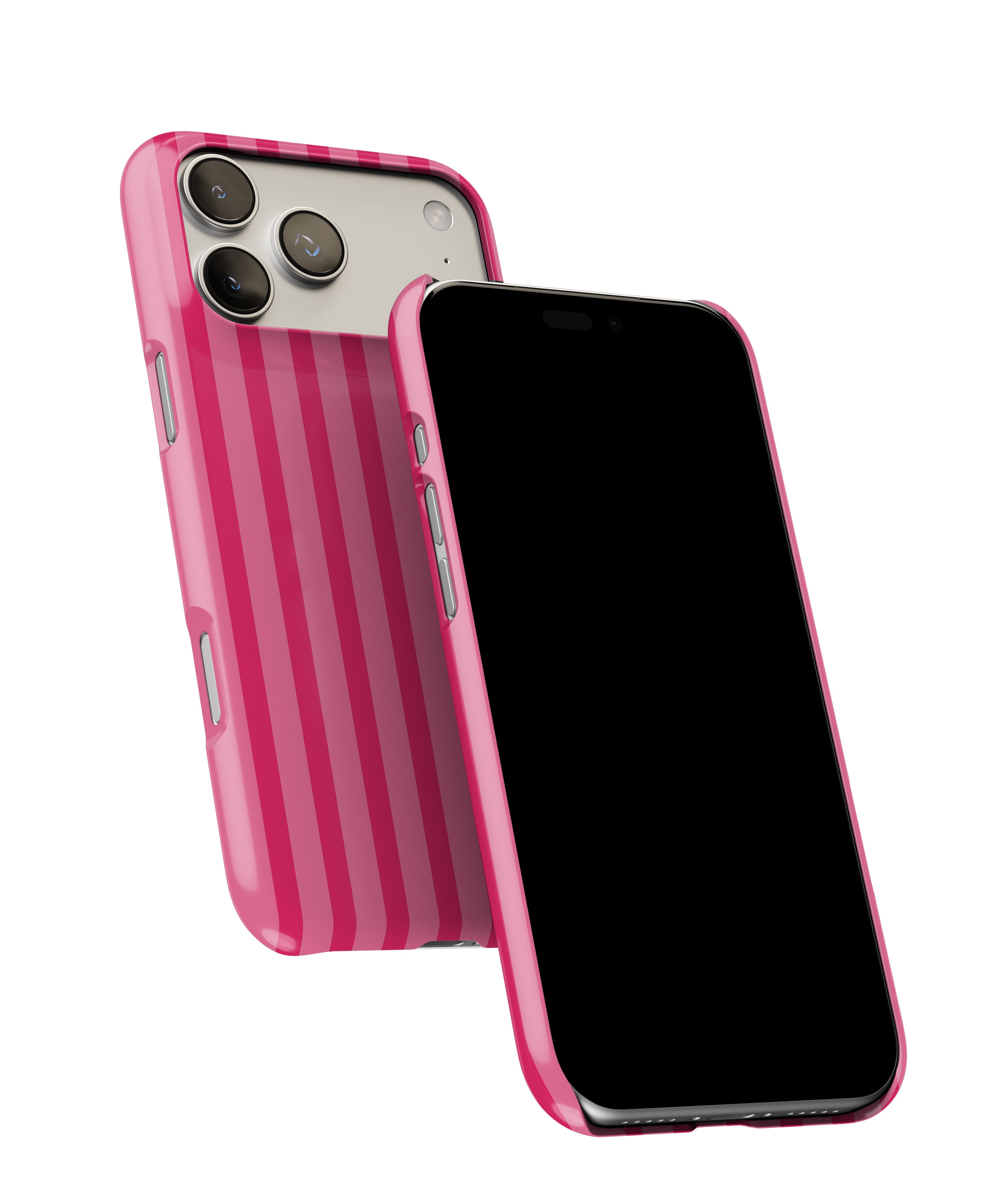 Side view of Candy Stripe pink phone case showing button cut-outs