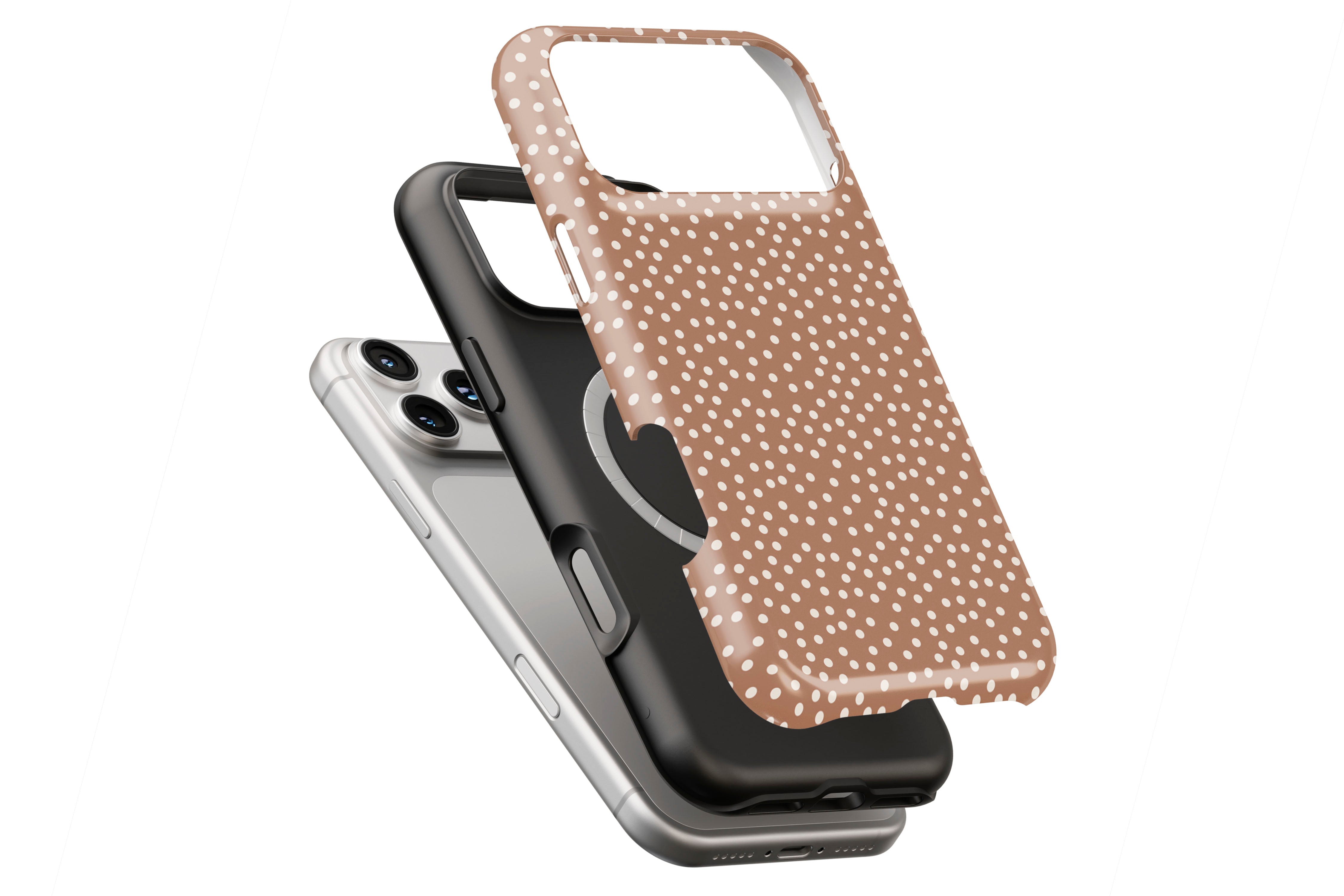 Caramel Dots magnetic case showing built-in magnetic ring compatible with MagSafe charging