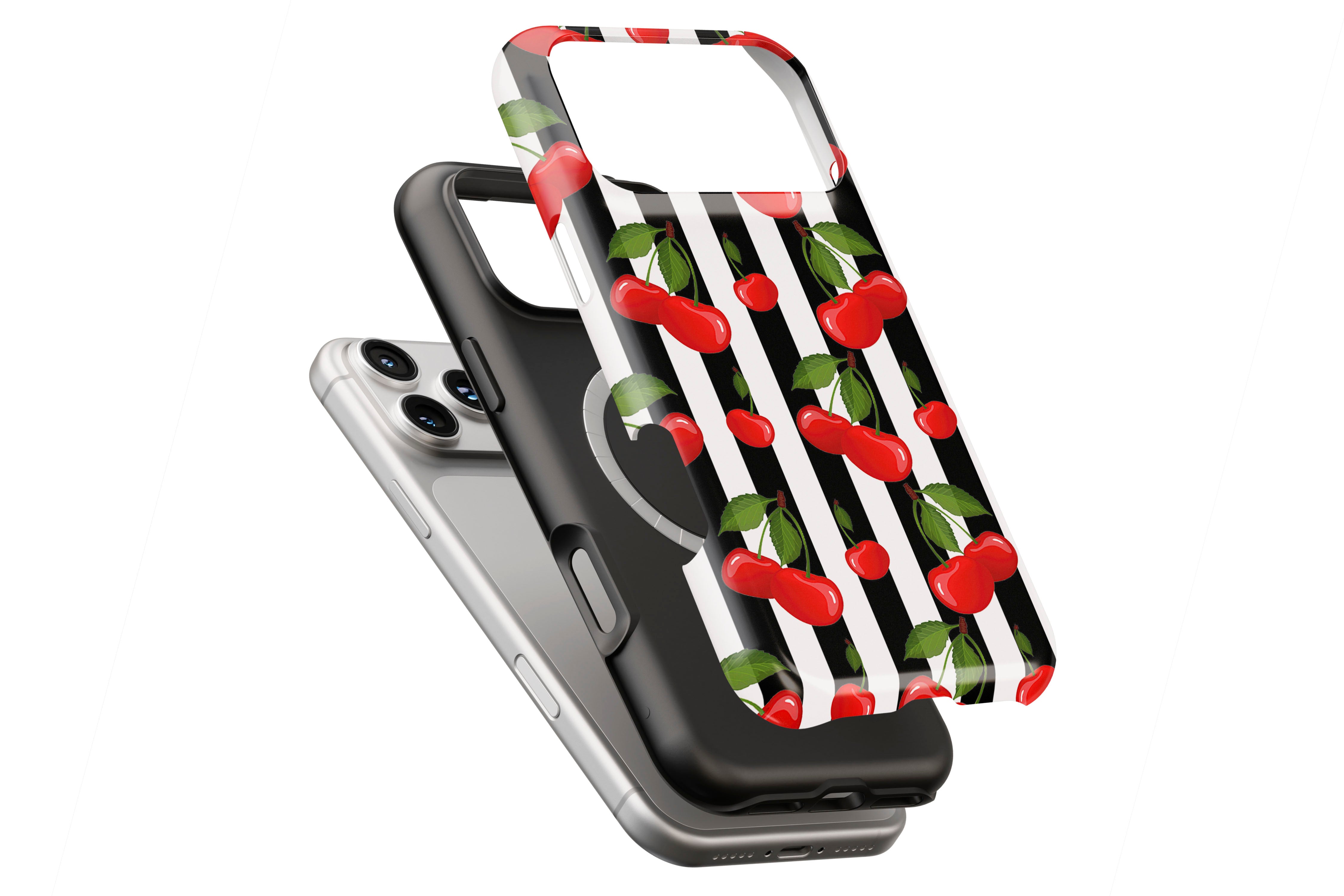 Cherry Crush magnetic case showing built-in magnetic ring compatible with MagSafe charging