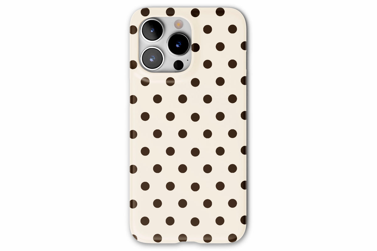 Front view of Cream Spot phone case showing cream and chocolate brown polka dot print