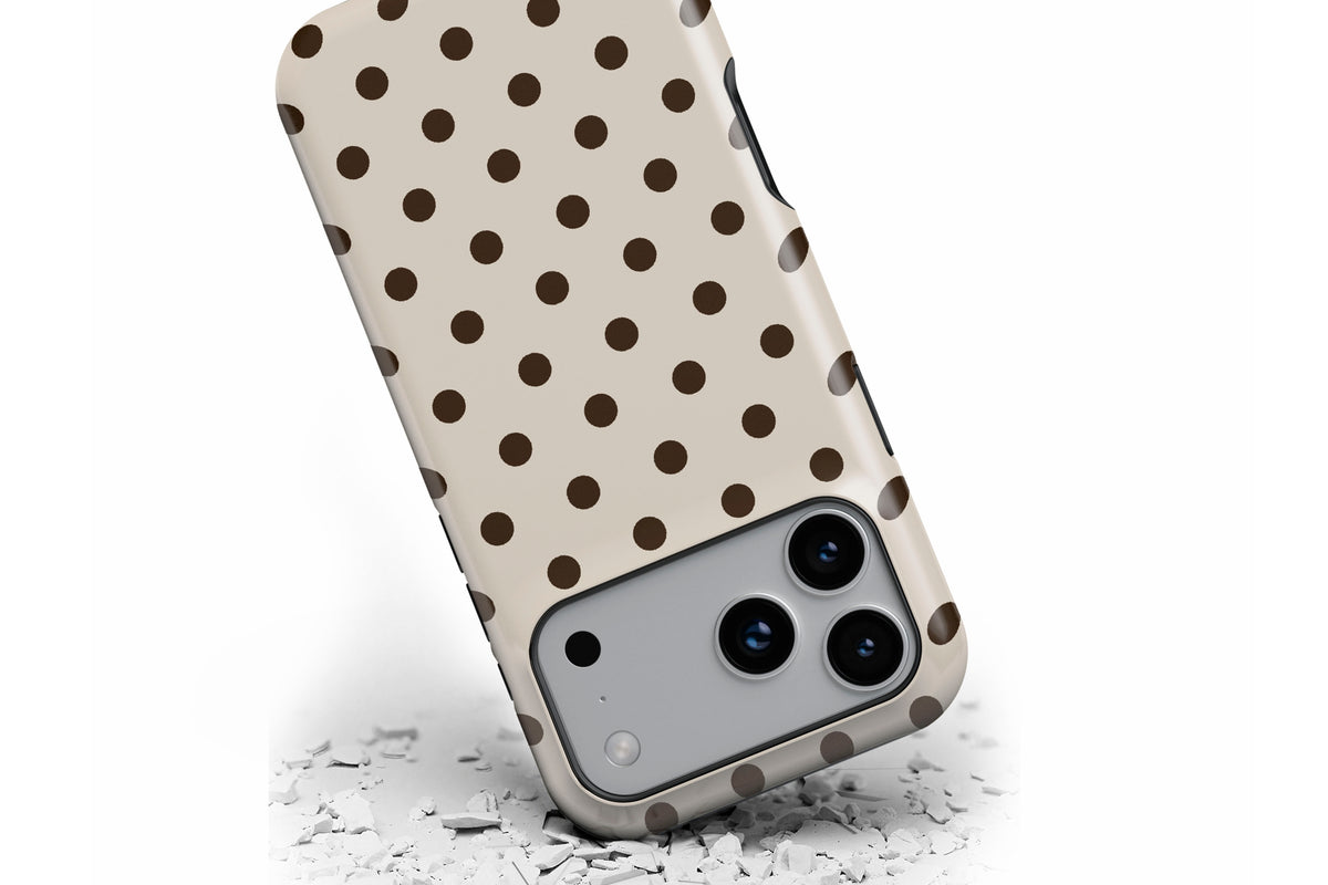 Front view of Cream Spot MagTough phone case showing cream and chocolate brown polka dot print