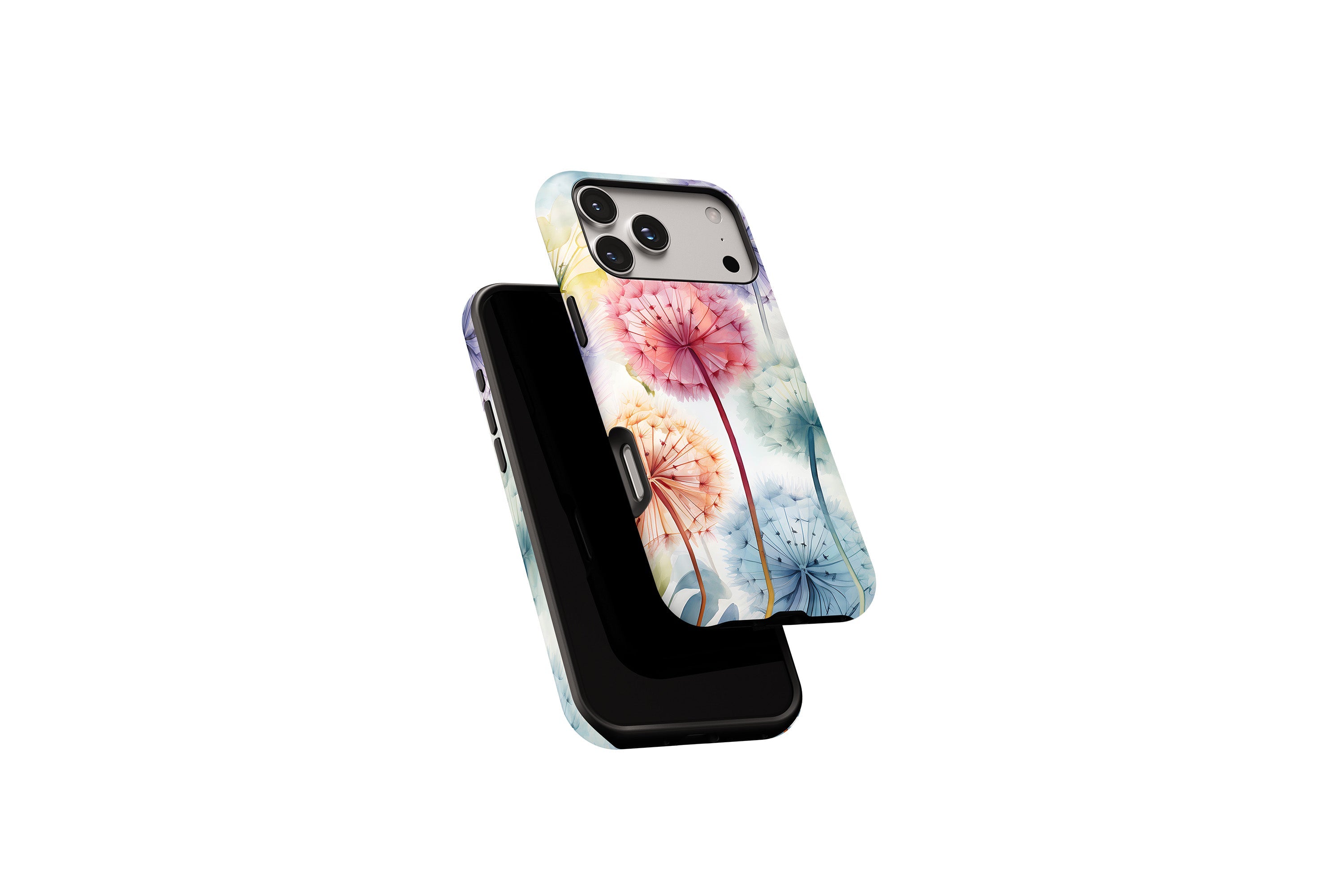 Side view of Dandelion Dream phone case showing button cut-outs