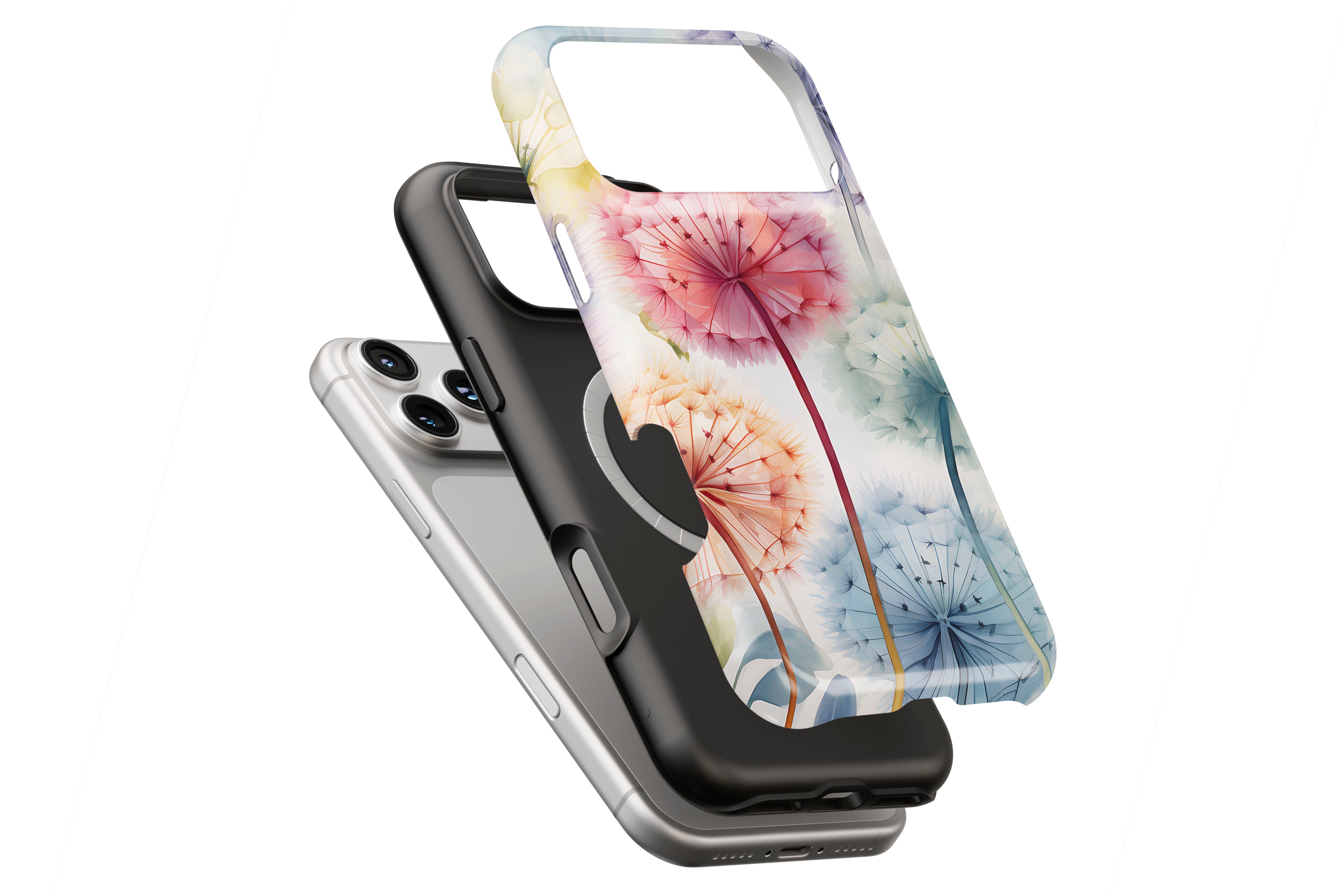 Dandelion Floral magnetic case showing built-in magnetic ring compatible with MagSafe charging